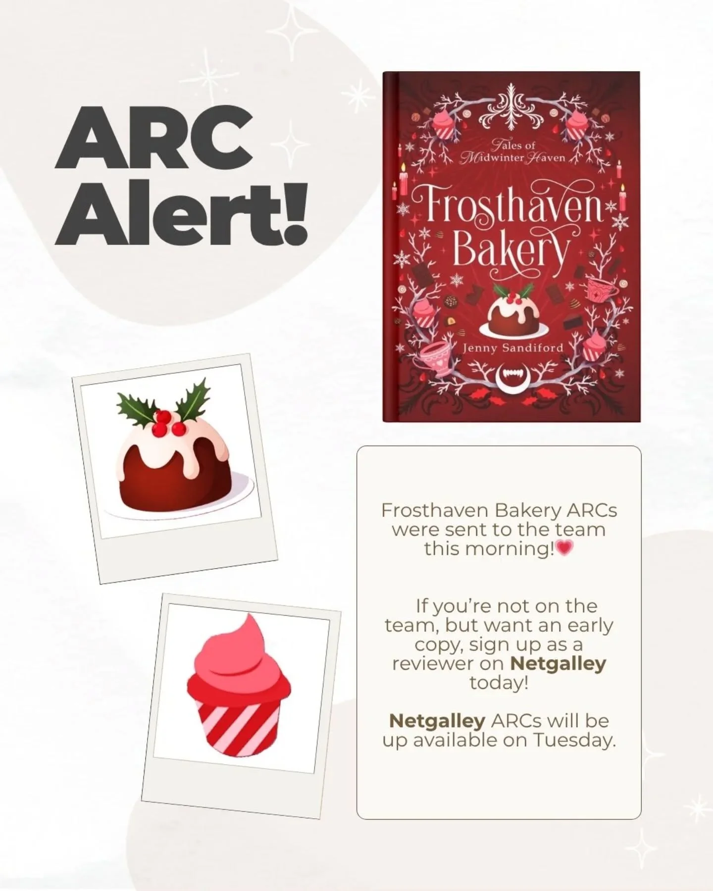 ✨ &nbsp;Frosthaven Bakery ARCs have been sent!
If you&rsquo;re on the ARC team, check your inbox for an early Midwinter treat ❄️🍫

I hope you enjoy Frosthaven Bakery. I can&rsquo;t wait to hear what you think in your reviews! 💕

If you&rsquo;re not