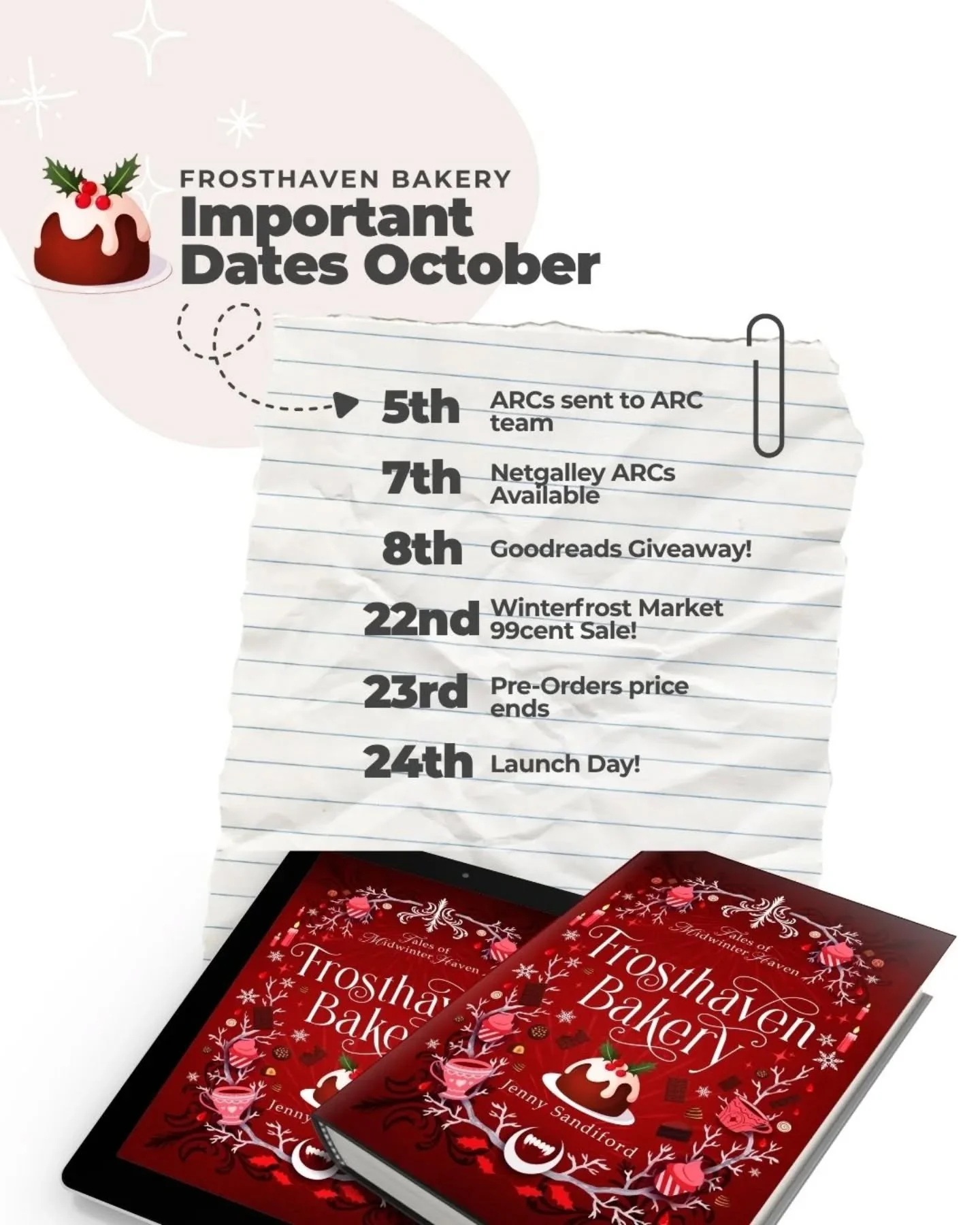 ✨🗓️Important Frosthaven Bakery dates to keep an eye out for in October! 

#FrosthavenBakery #CozyFantasy #ComingSoon

#TalesOfMidwinterHaven #FantasyRomance #IndieAuthor #VampireRomance #FaePrince #FoundFamily #HolidayRomance #Bookstagram #BookishLo