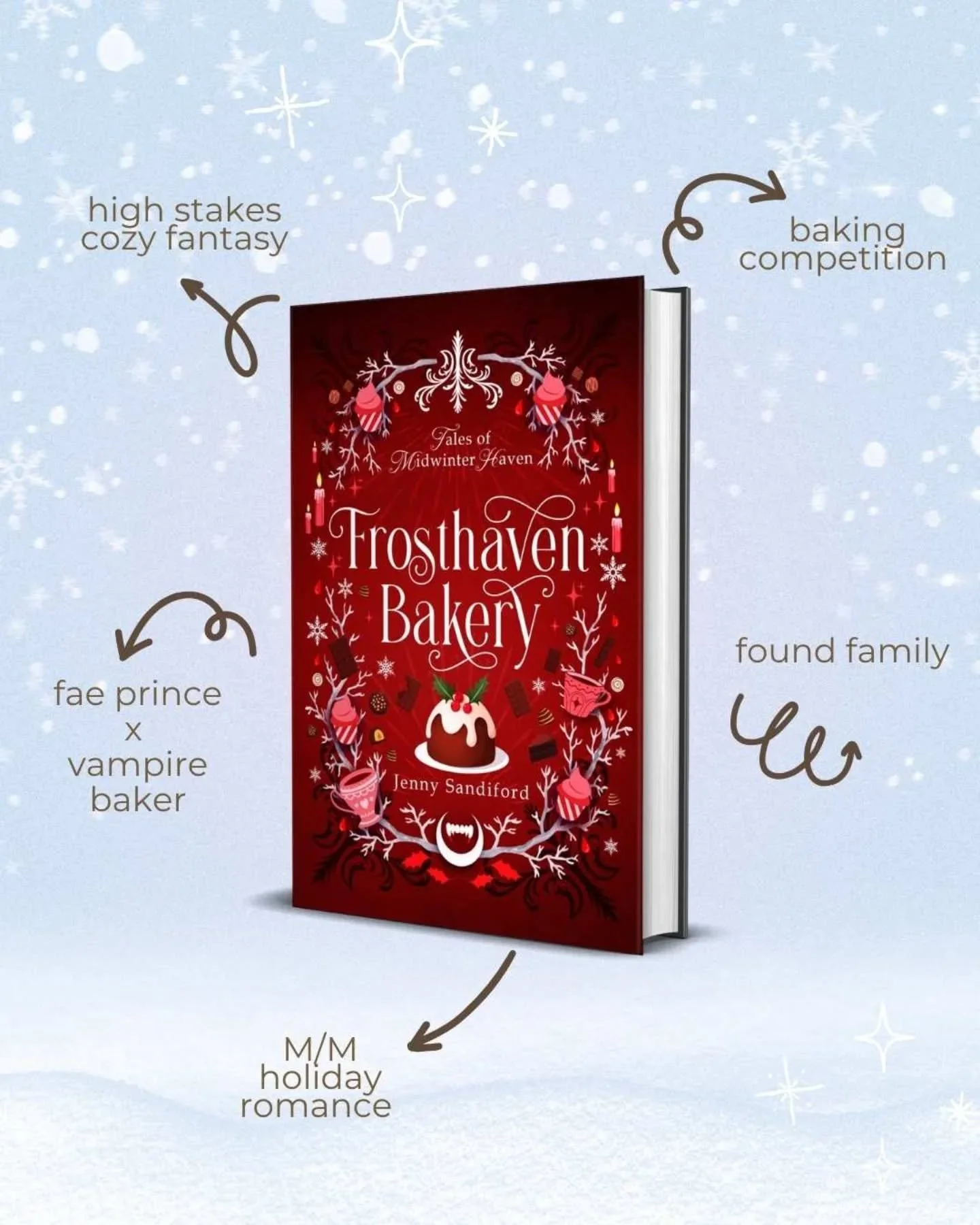 A wee taste of things you can look forward to in Frosthaven Bakery!

🏰High-stakes cozy fantasy
🧁Baking competition
👑Fae prince X vampire baker🍫
&nbsp;💜Found family
🎄M/M holiday romance&nbsp;

Have you ordered your copy yet? Preorder on Amazon n