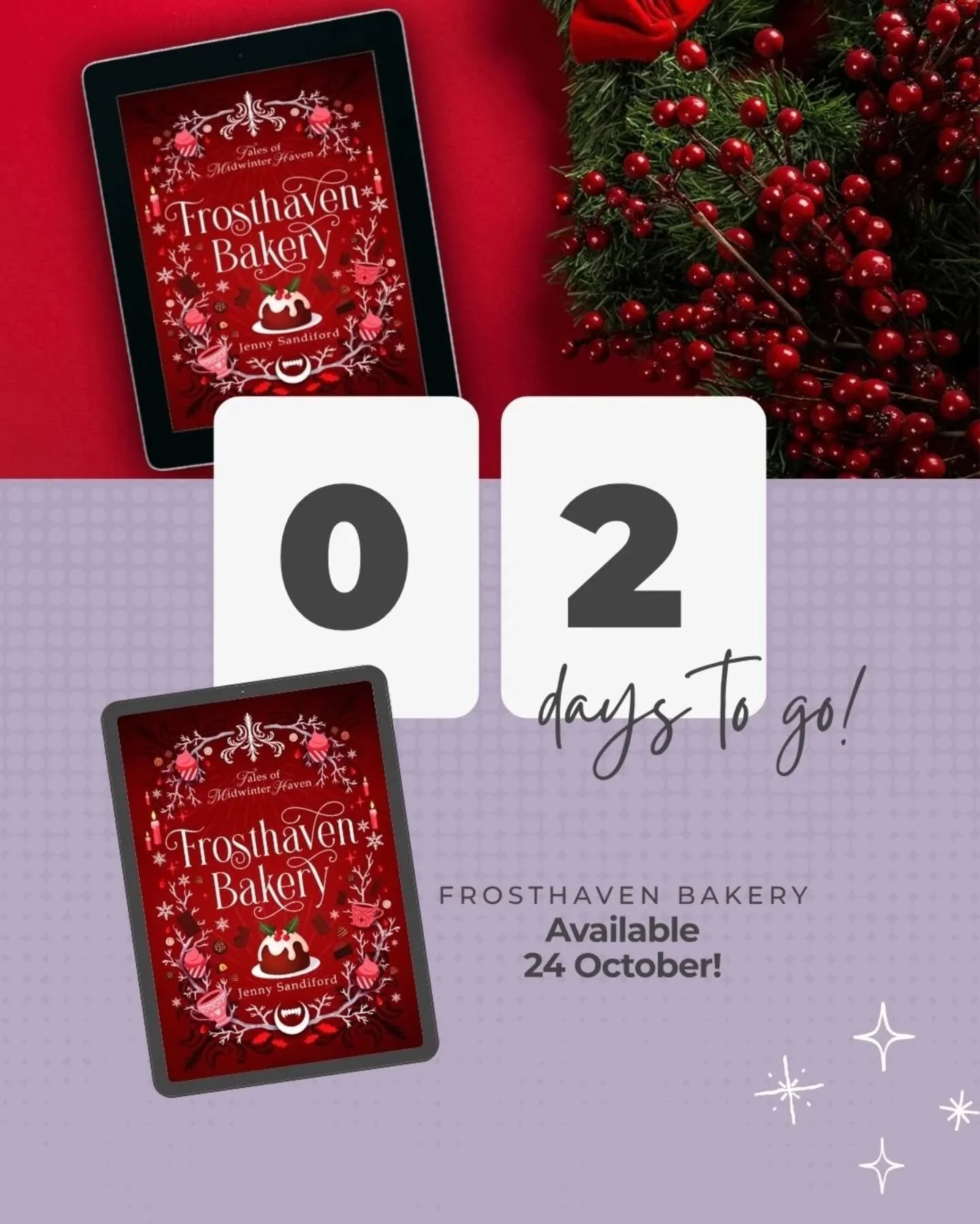 🍫✨Just two days to go! 

🌟Preorder now to get the discounted eBook! 
🌟Last few days to enter the Goodreads Giveaway! 

Frosthaven Bakery 
🏰High-stakes cozy fantasy
🧁Baking competition
👑Fae prince X vampire baker🍫
&nbsp;💜Found family
🎄M/M hol