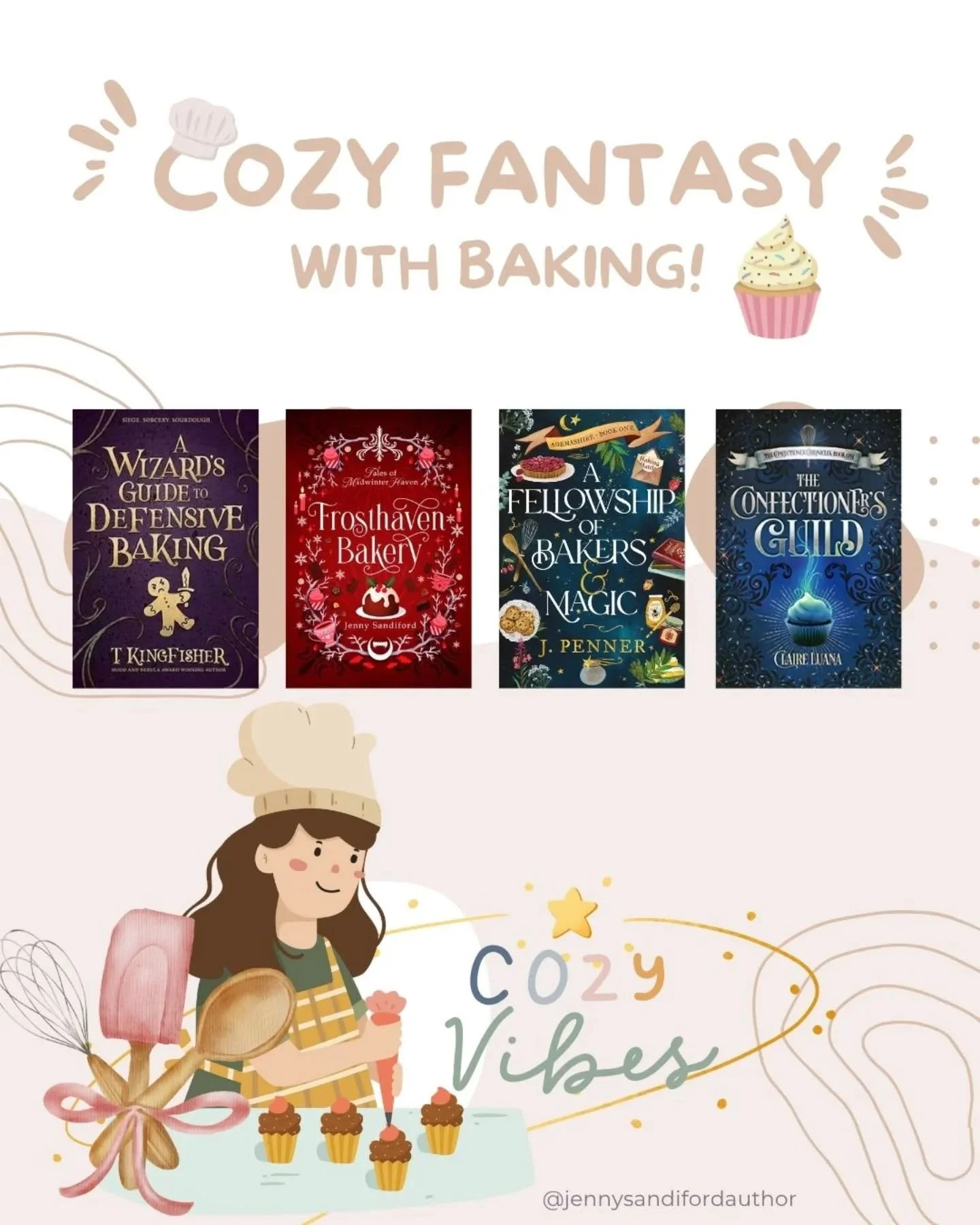 🧁Looking for fantasy books with baking? Check out these yummy reads! 

#cozyfantasy #bakingcompetition #baking #FantasyReads #FantasyBaking #fantasyfiction #cozywriter #hyggereading #CosyReads #cosyfantasy #frosthavenbakery #wizardsguidetodefensiveb