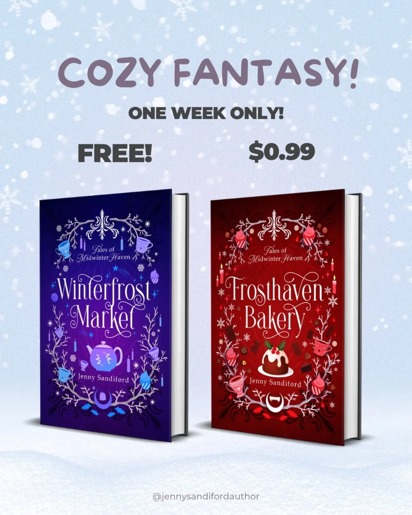 ❄️Need a cozy escape this week?

To celebrate the release of the Frosthaven Bakery audiobook in just a few days, the Winterfrost Market ebook is FREE, and Frosthaven Bakery is just 99c!

One week only!

🫖✨A perfect excuse to curl up and escape to Mi