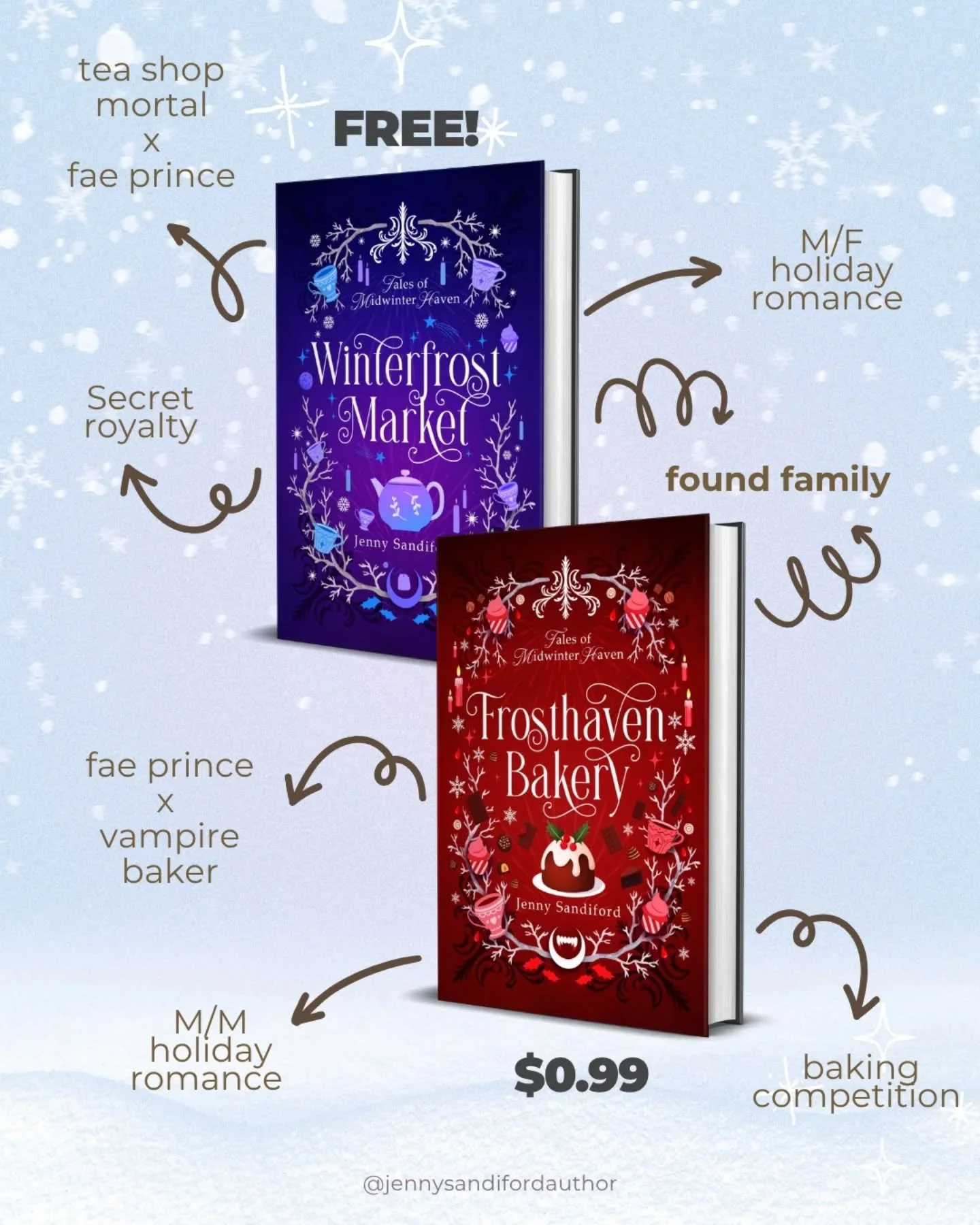 ❄️👀To celebrate the release of the Frosthaven Bakery audiobook this week, the ebook of Winterfrost Market is FREE, and Frosthaven Bakery is just 99c!

One day left to grab them!

Grab some blankets, some chocolate, and a cat or two and get reading ✨
