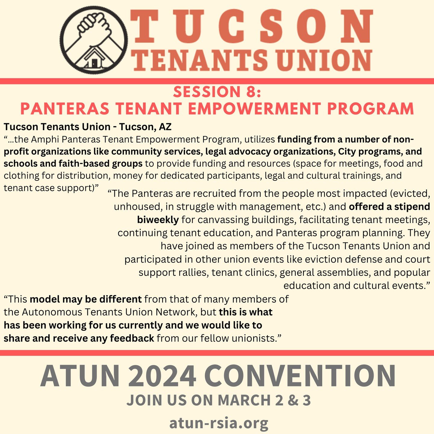 ATUN 2024 Virtual Convention
March 2 &amp; 3
REGISTER HERE https://atun-rsia.org/2024convention (link in bio)
--
SESSION 8: Panteras Tenant Empowerment Program

Facilitated by: @tucson_tenants_union 
The Tucson Tenants Union has focused efforts on Am