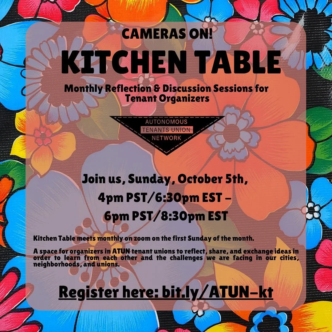 [Espa&ntilde;ol abajo]

The next ATUN KITCHEN TABLE will be 
Sunday, October 5, 4:00pm-5:30pm PST / 7:00pm-8:30pm EST
Register here: bit.ly/ATUN-kt

KITCHEN TABLE is a group that meets monthly on Zoom on the first Sunday of the month. This space is f