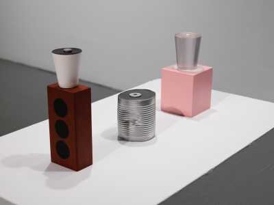  detail from Rhonda Weppler’s “Stacks; Tissue box and Cup and Pill (pink), Can (dented) &amp; Washer, Brick &amp; Cup &amp; Coins, Boxes &amp; Speakers &amp; Brick” (2006-2007) 