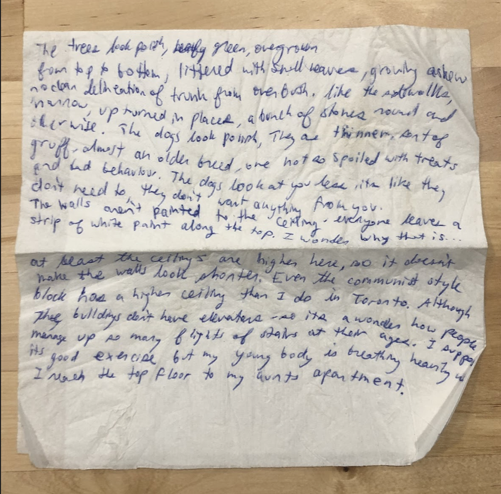 "This napkin reminds me of staying at my grandma’s or aunt’s apartments, suddenly feeling inspired to write as I compare my life back home. The object is an attempt to record the impact of seeing my family abroad, an immaterial and temporary experien