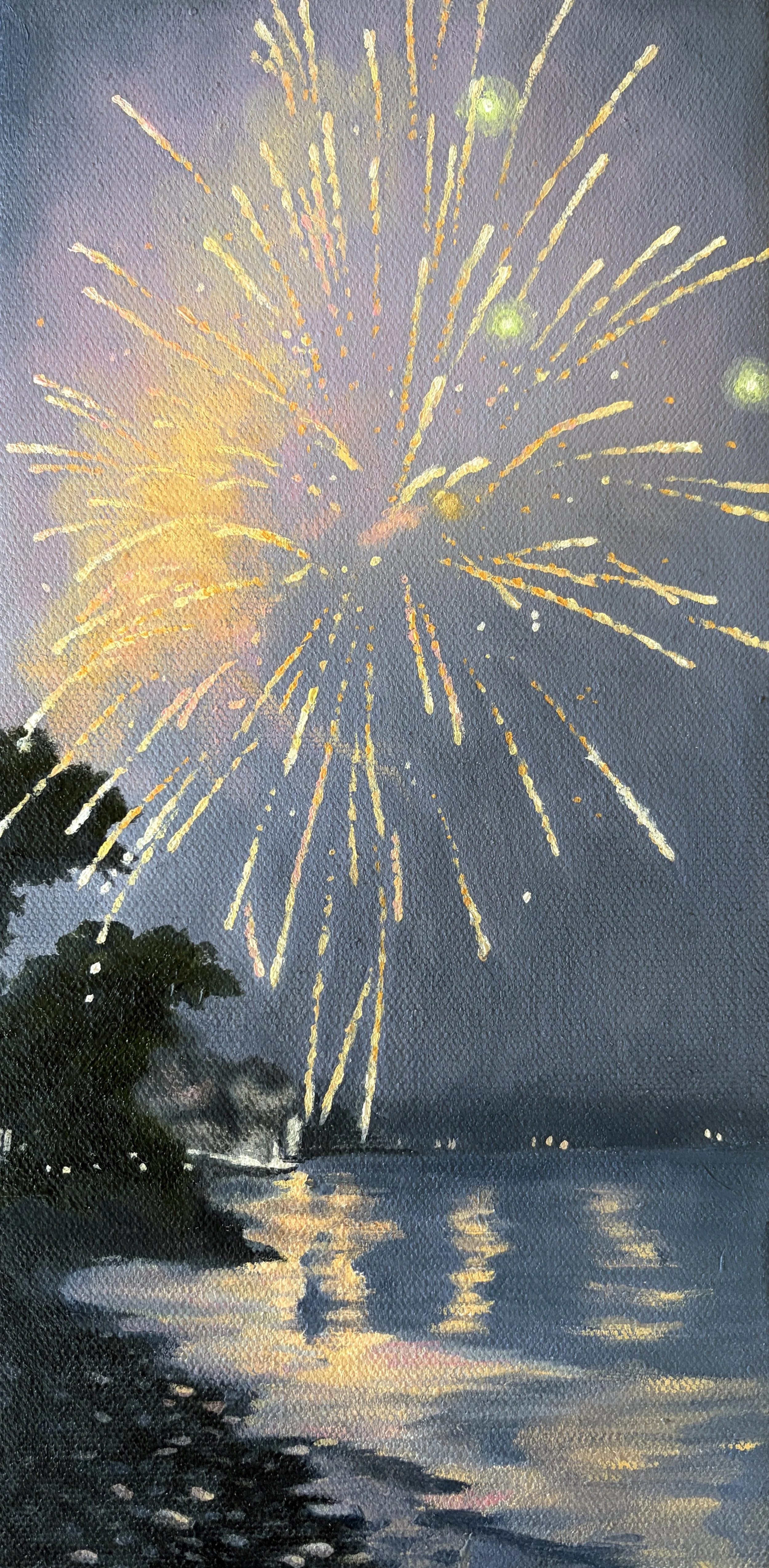 250th fireworks - champagne  (shore of Lake Ontario)   oil on canvas  12 x 6 in.  