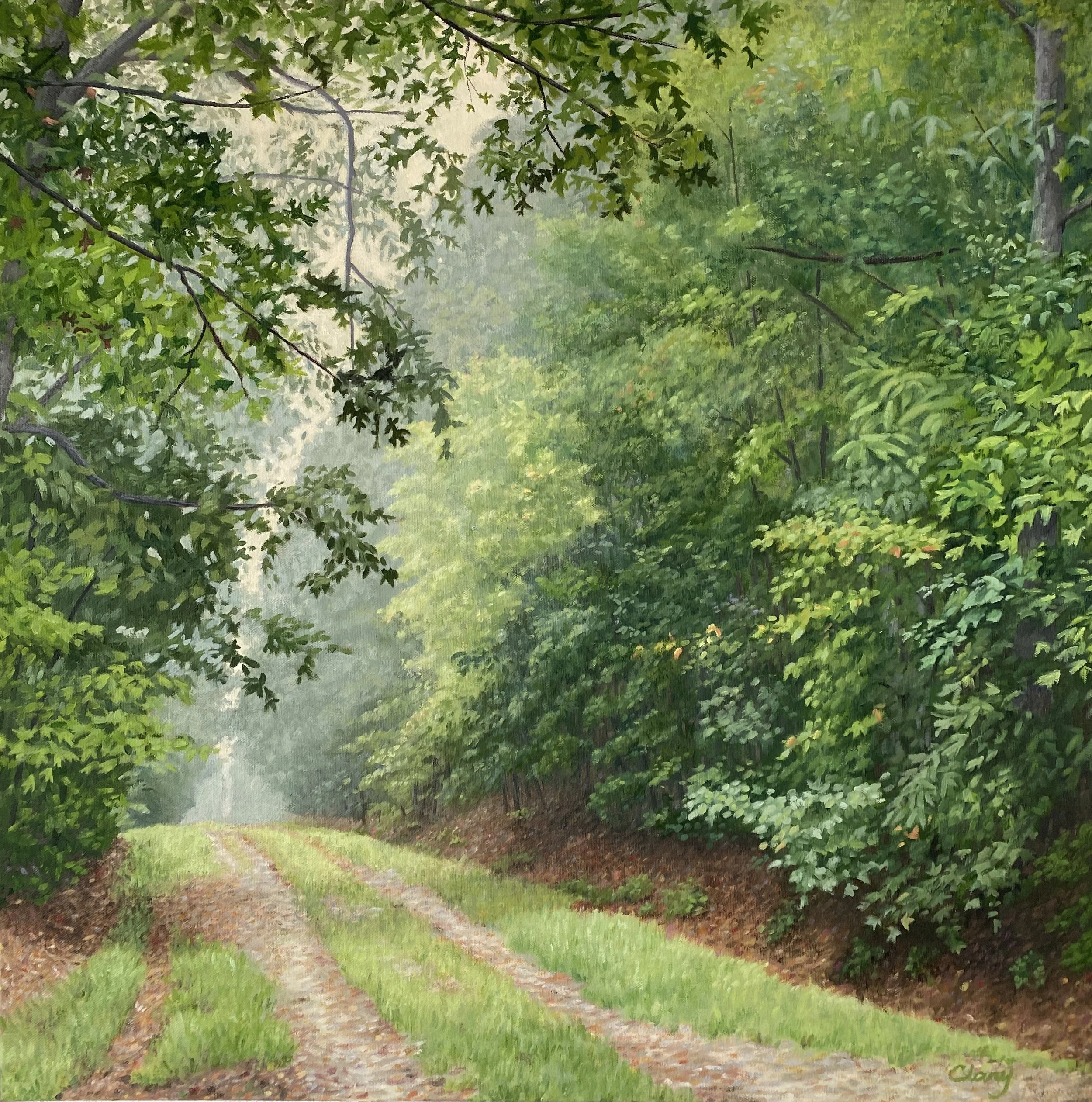 Access road - Duke Forest  October 3, 2024  8:08 am  22 x 22 in.  oil on stretched canvas 2024  (sold)