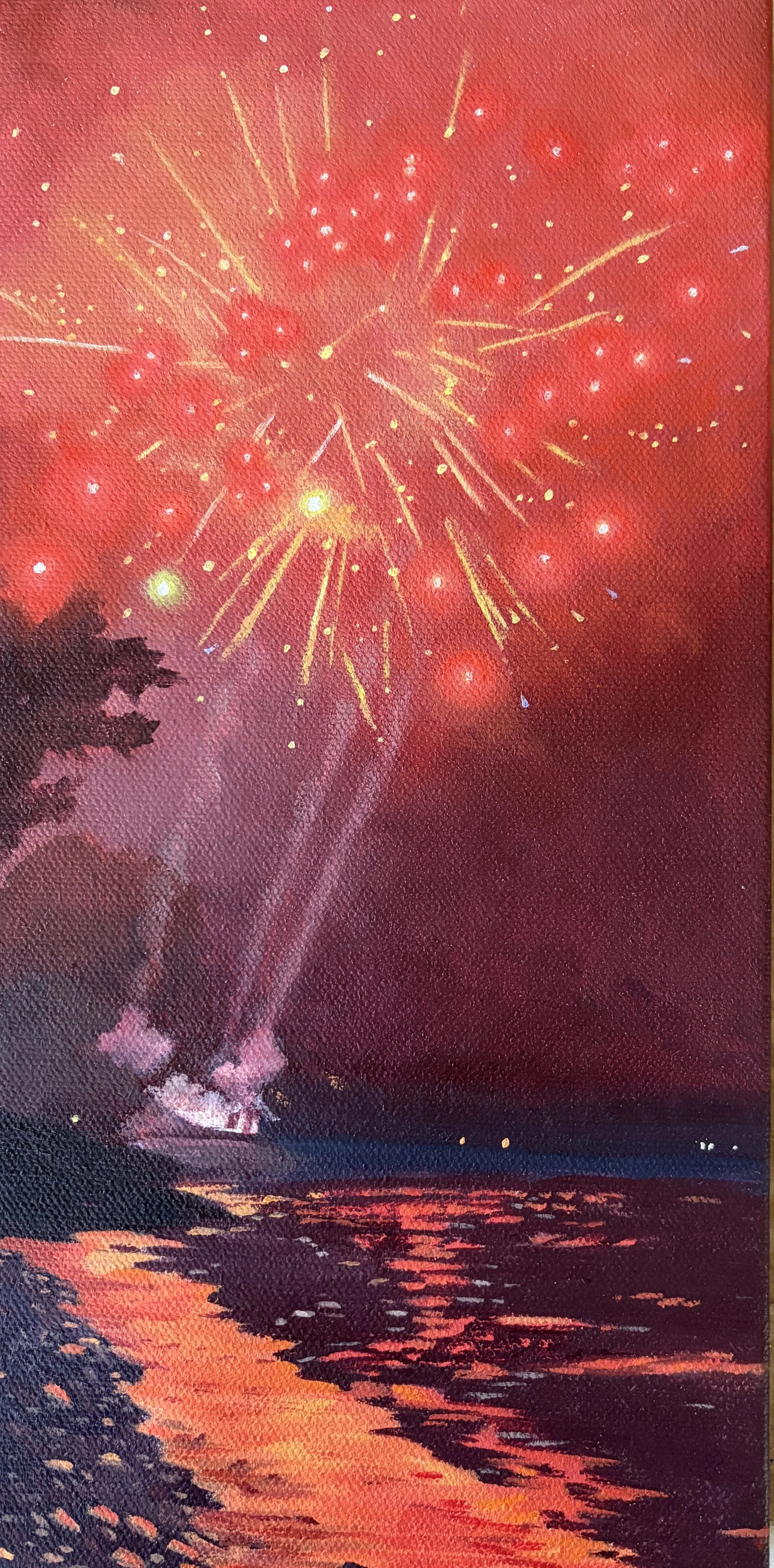 250th fireworks - red (shore of Lake Ontario)  12 x 6 in.  oil on canvas