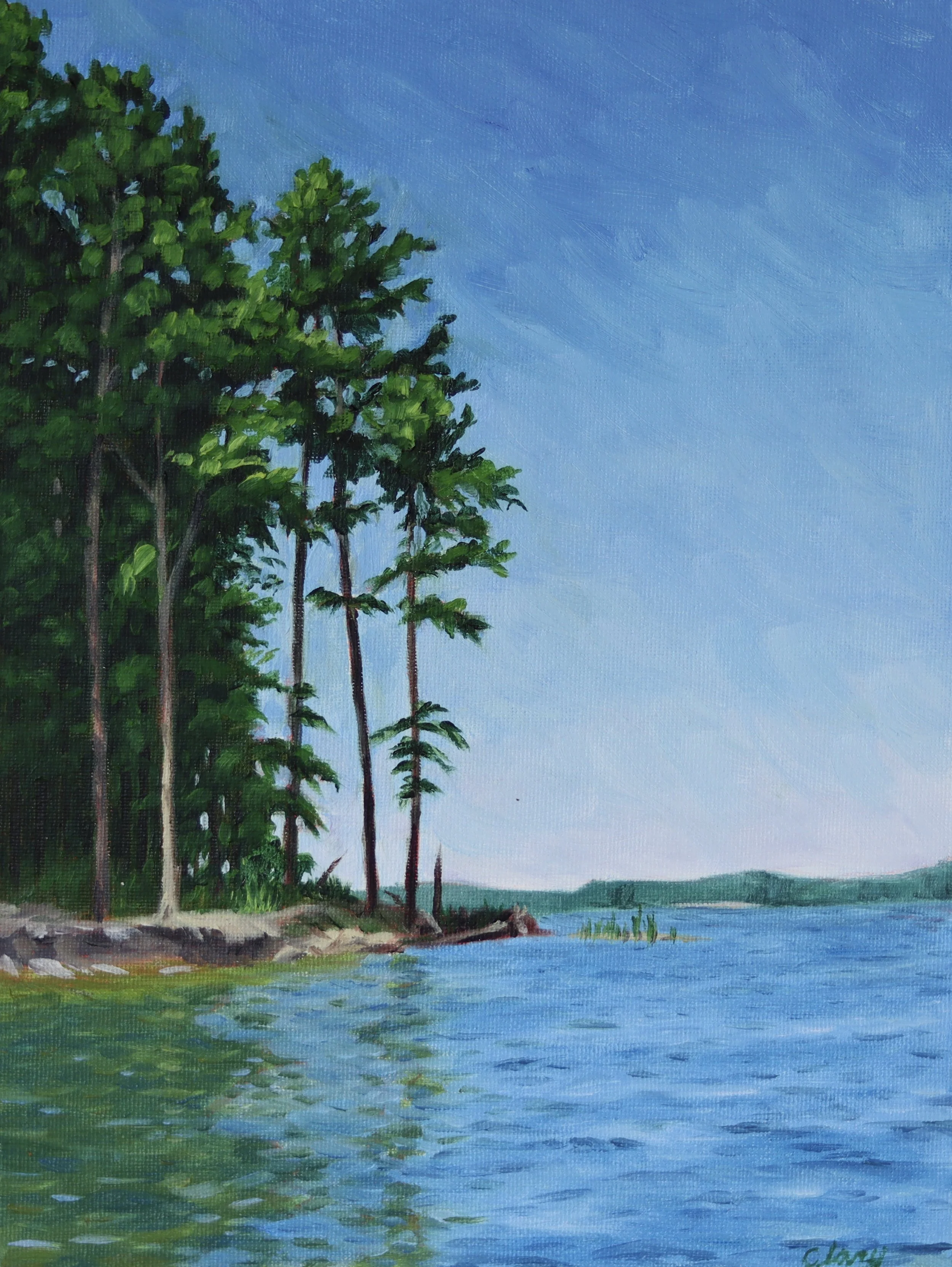 Morning on Jordan Lake - August 2, 2021  9:34 am  12 x 9 in.  oil on panel, framed   2021 (sold)