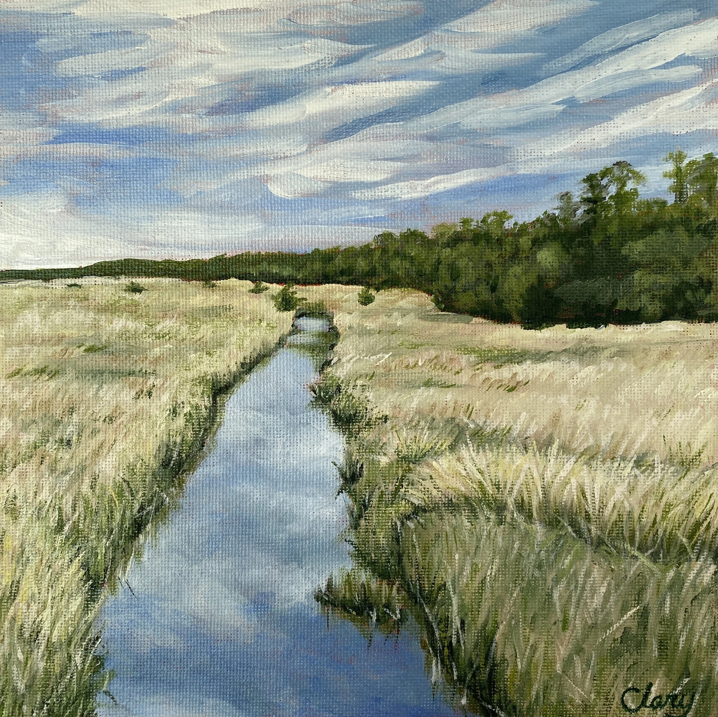 Salt marsh river (Croatan National Forest) - April 9, 2022  8:39 am  8 x 8 in.  oil on cradled panel  (sold)