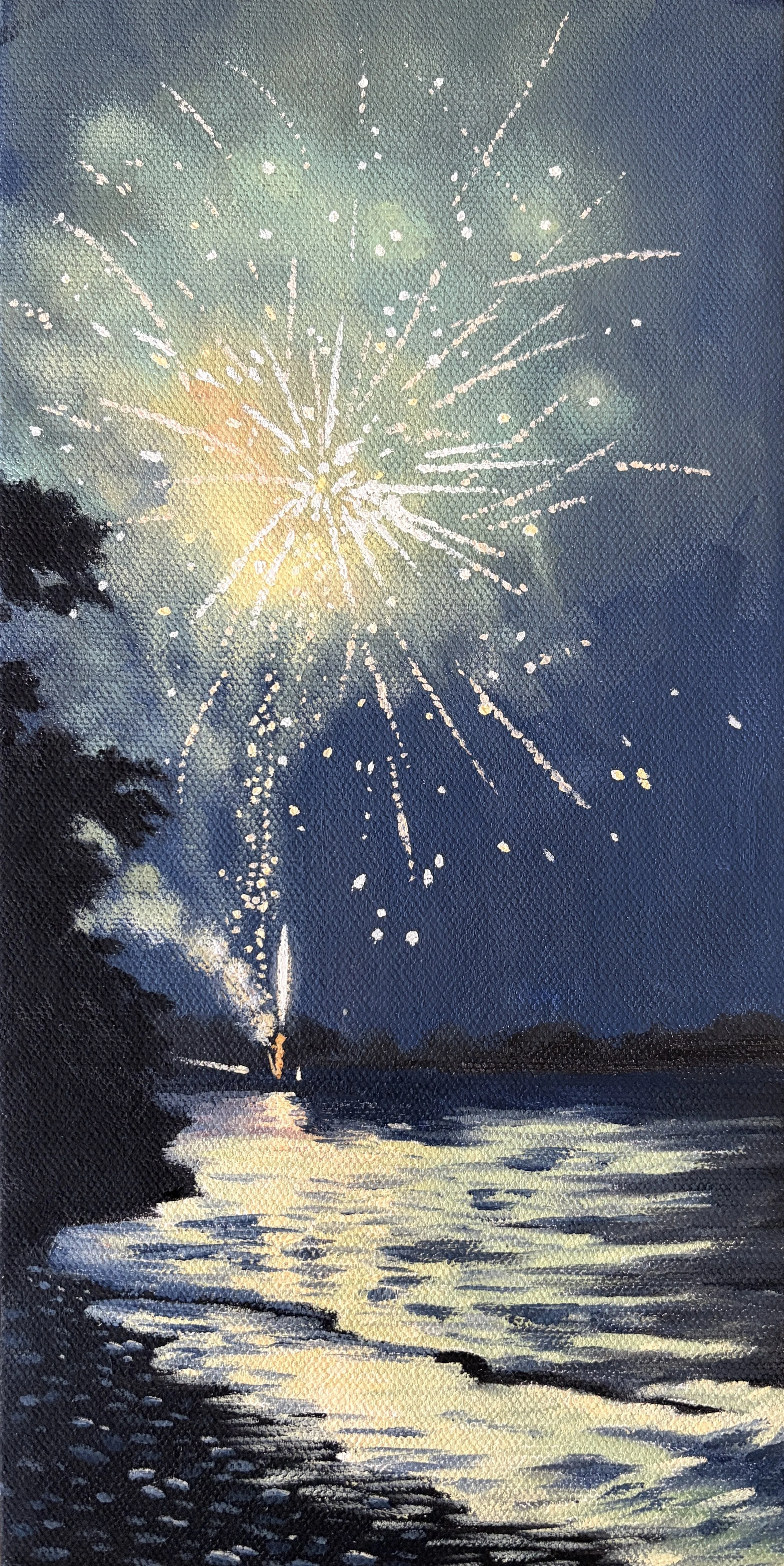 250th fireworks - green (shore of Lake Ontario)  12 x 6 in.  oil on canvas
