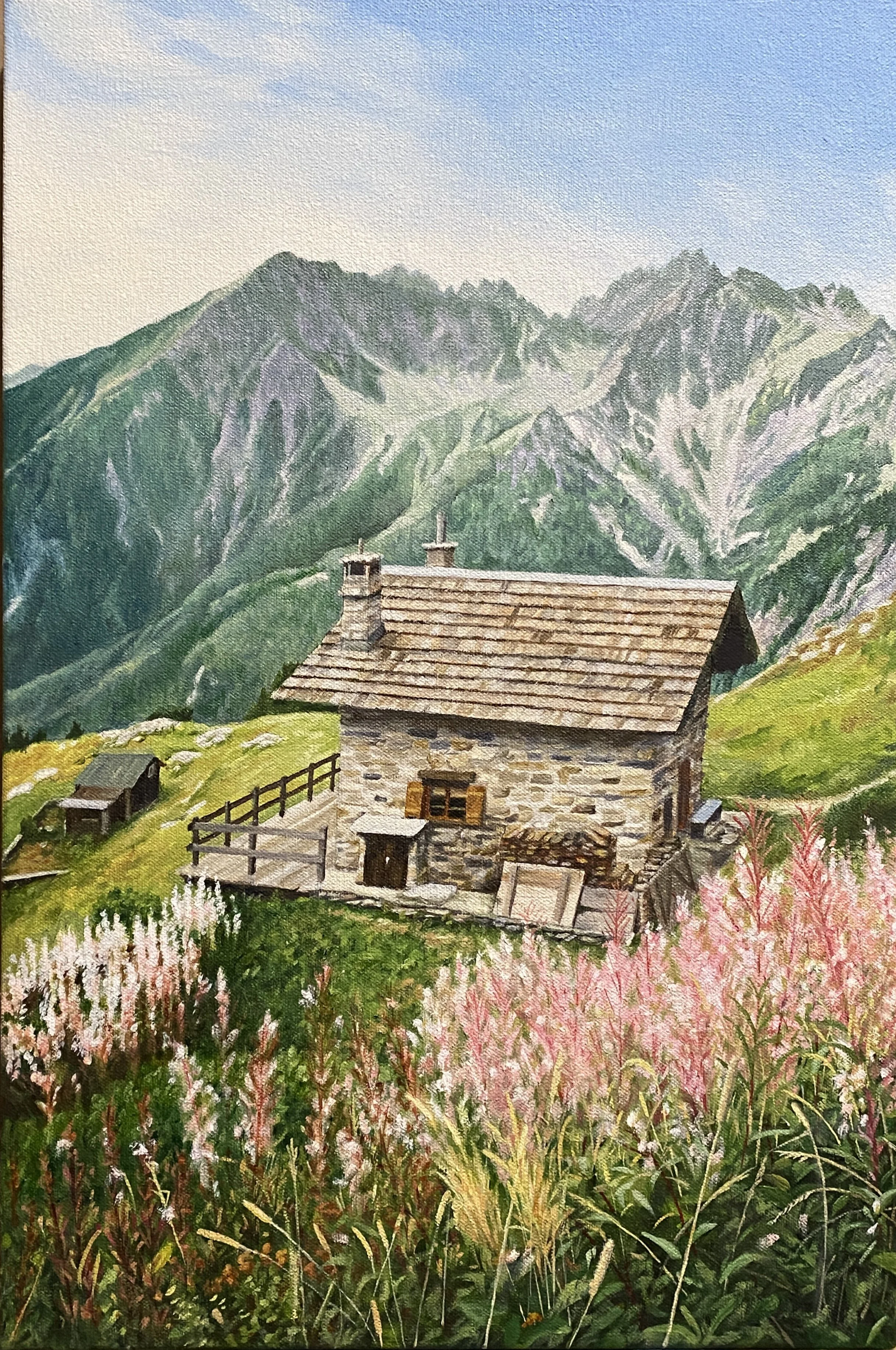 Tour de Mont Blanc  18 x 12 in.  My son and his partner hiked the 100 mile Tour in September of 2024. She offered me a million dollars to paint this Swiss refuge they stayed at, and so I did.