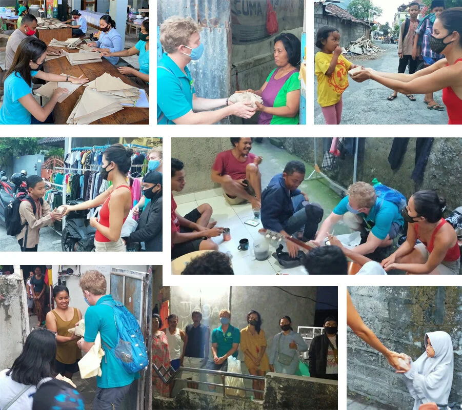 SOS Indonesia Team distributing meals in vulnerable communities after a long day of cooking and packaging meals.