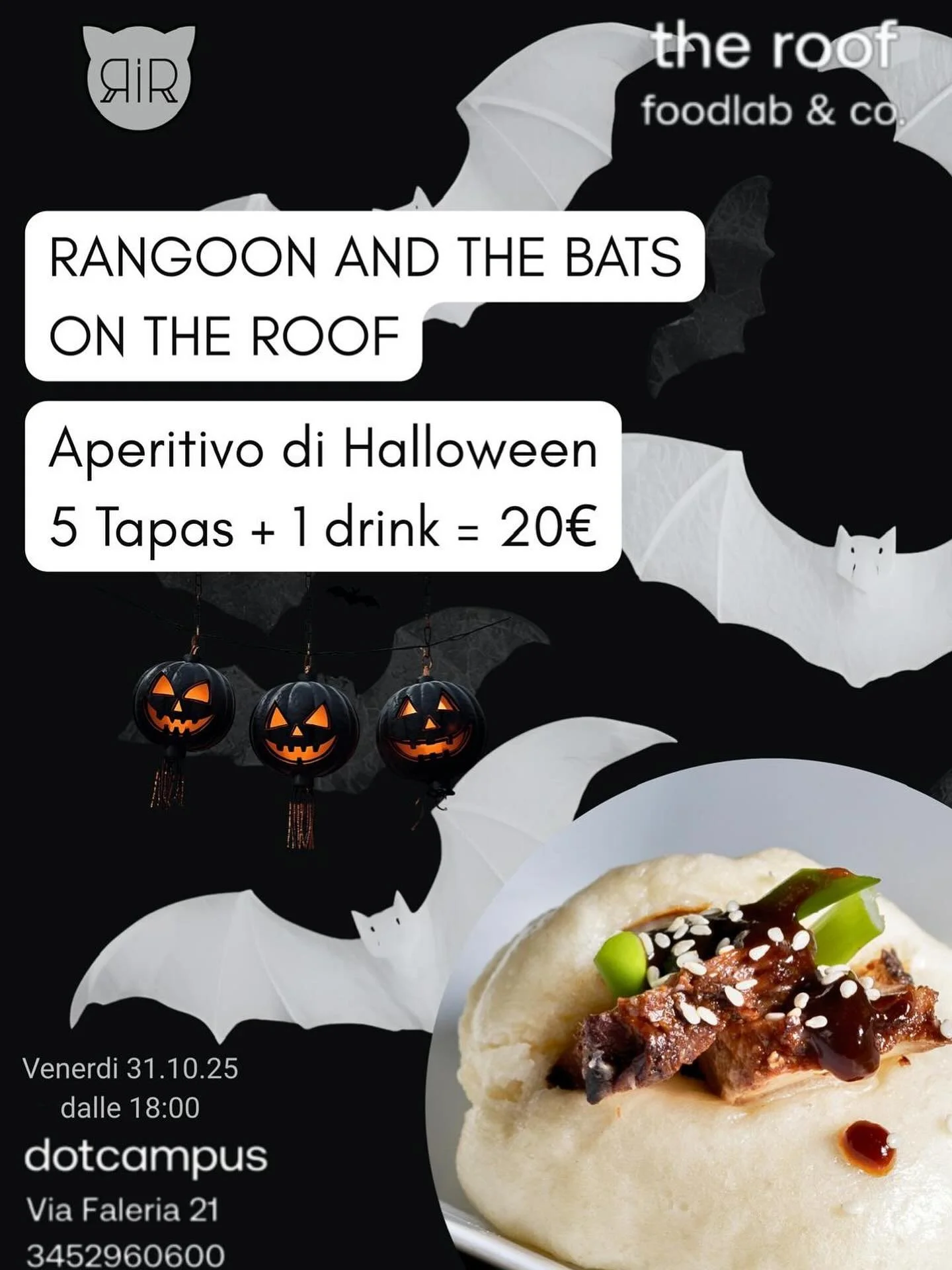 Un rooftop, cinque tapas, una notte di magia.
Halloween si celebra con gusto, musica e sorprese in terrazza.
Assapora la cucina creativa di Rangoon e brinda con vista su Roma.
🦇 The Roof &middot; 31 ottobre &middot; dalle 18:00🎃

One rooftop, five 