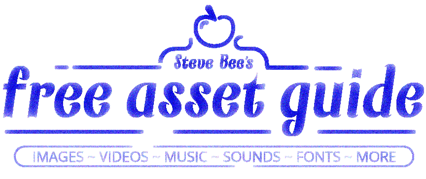Logo for Steve Boc's free asset guide, featuring a stylized apple at the top and text advertising free resources like images, videos, music, sounds, fonts, and more.