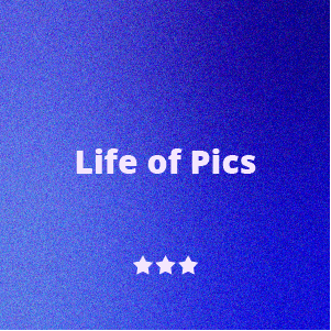 Text reading 'Life of Pics' with a blue background and three white stars below
