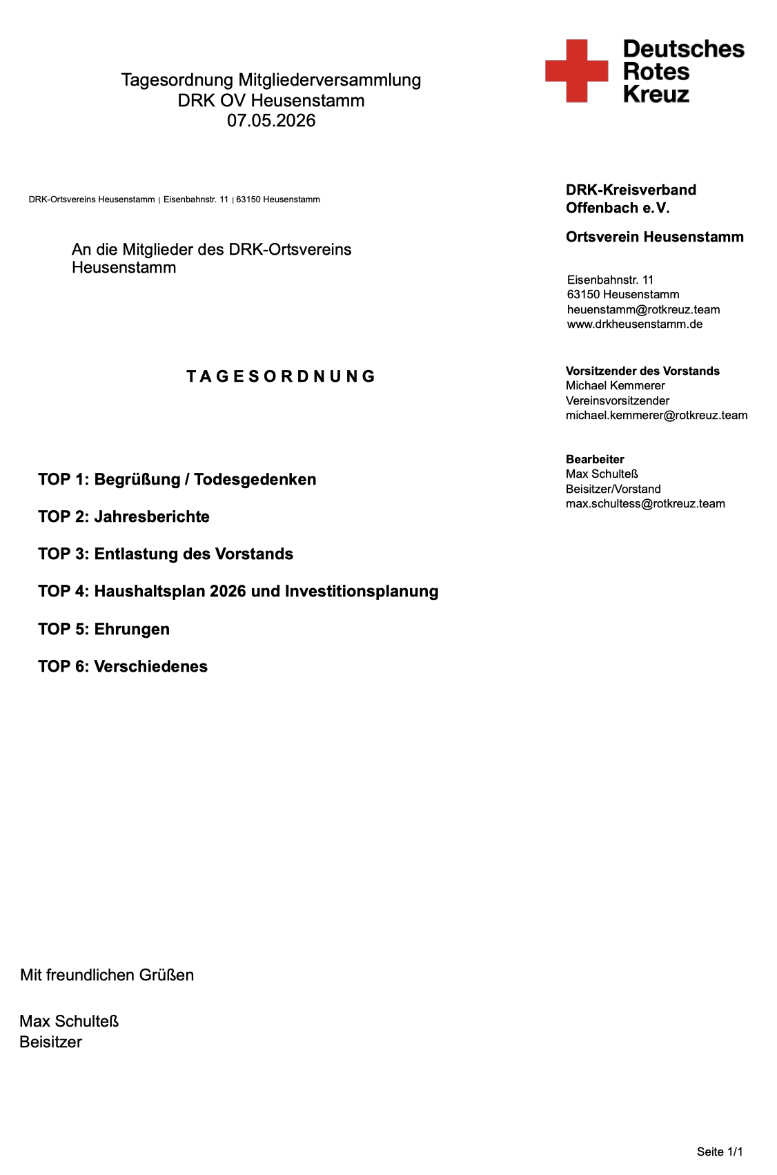 Titelblatt eines Dokuments der Deutschen Roten Kreuzes für eine Mitgliederversammlung am 07.05.2026, enthält Tagesordnungspunkte und Kontaktinformationen.