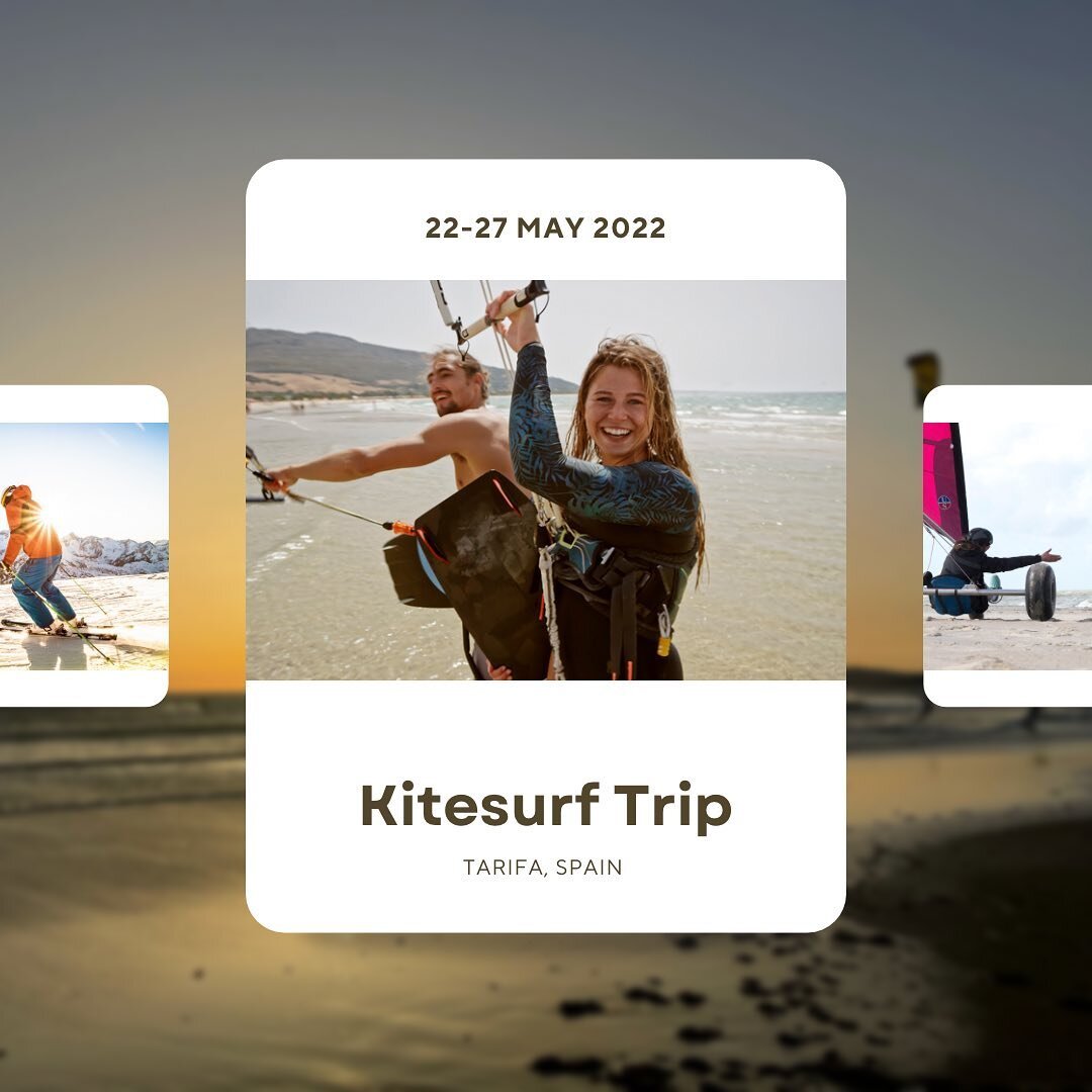 Next trip? Kitesurf trip in Tarifa Spain! 🏄&zwj;♀️ 
When? 22-27 May
What? Kitesurfing with or without lessons. For both beginning and experienced kitesurfers 🤙🏼
Activities? Kitesurfing, enjoying the swimming pool, discovering kitesurf mecca Tarifa