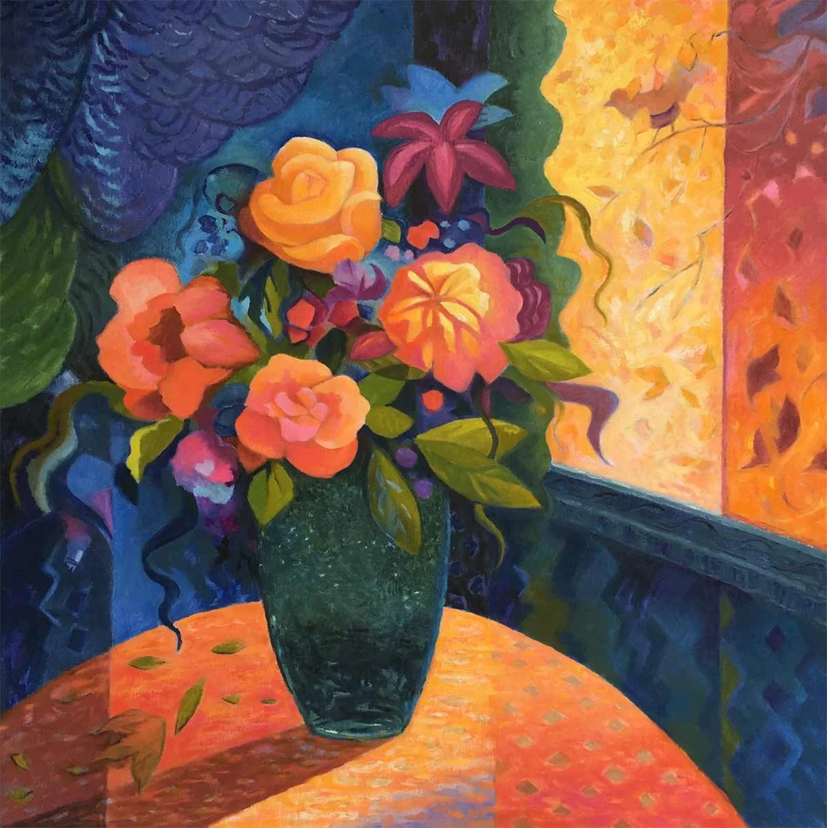 “Bohemian Still Life” oil painting, 36 x 36”