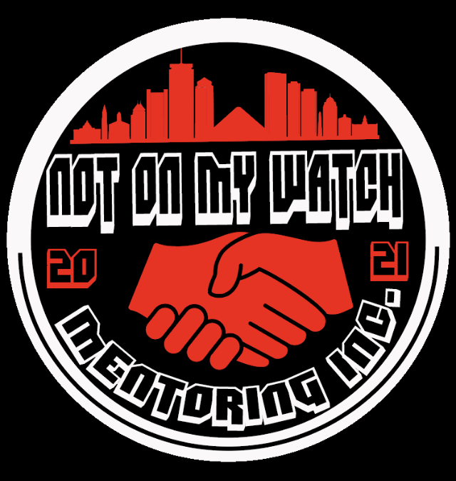 A circular logo with a city skyline at the top, red and white colors, a handshake in the center, and text reading 'Not on My Watch', 