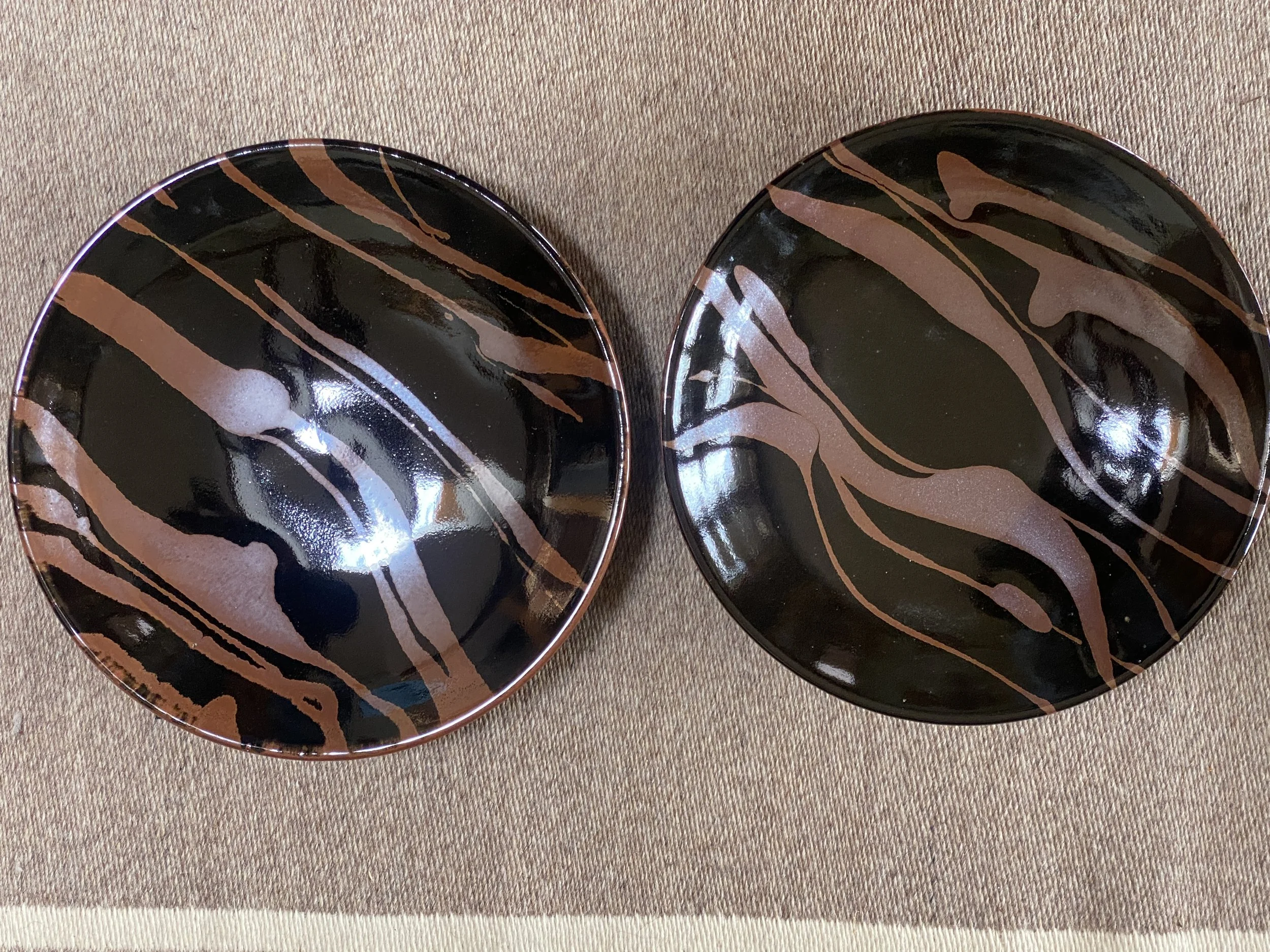 RJ Dinner Plates Two Tenmoku Glaze w/ Kaki trailing