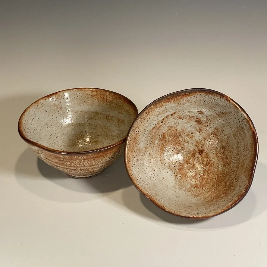 RJ  Two Triangulated Bowls Shino Glaze 7x3.5