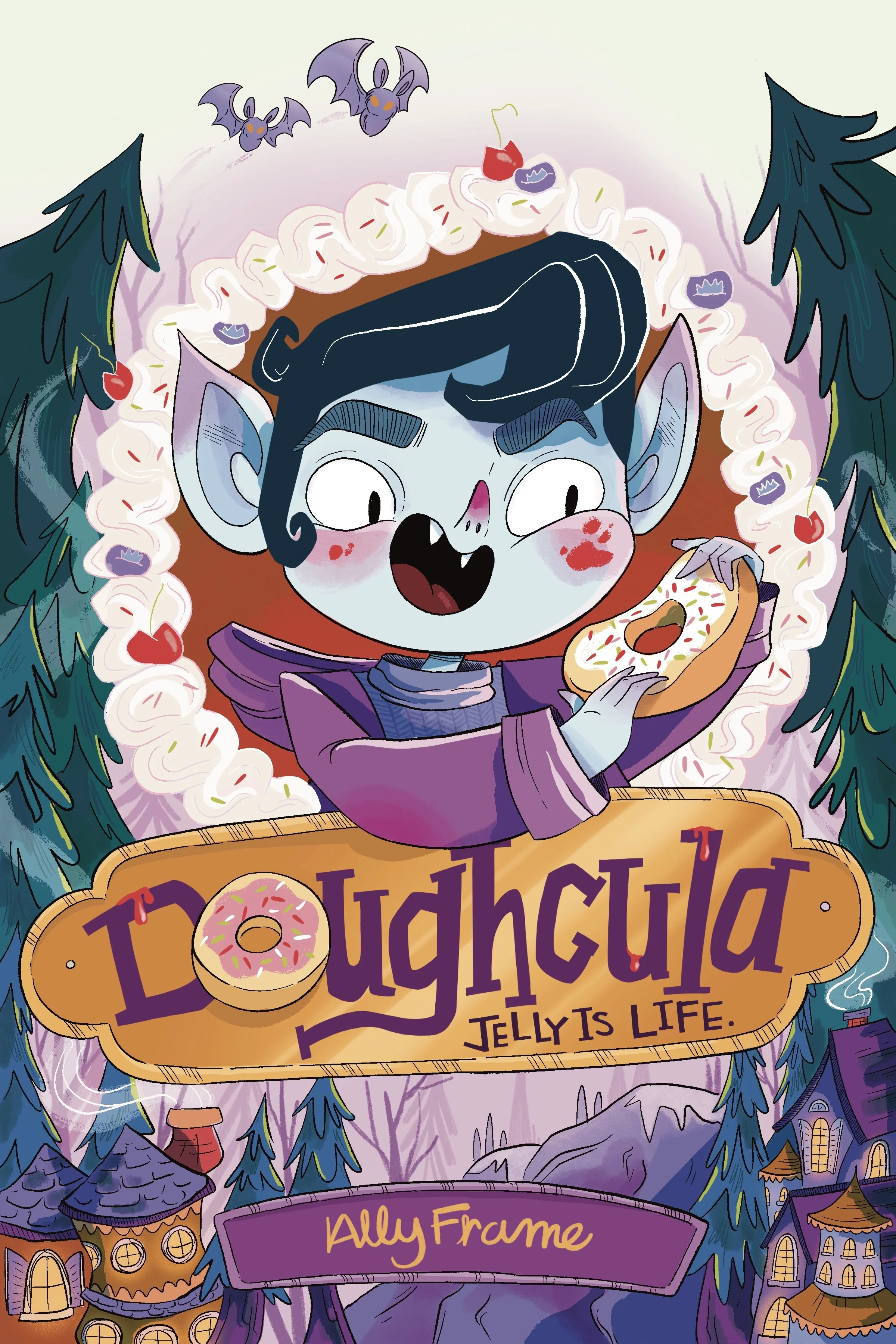 illustrated middle grade graphic novel cover of cute vampire and pastries