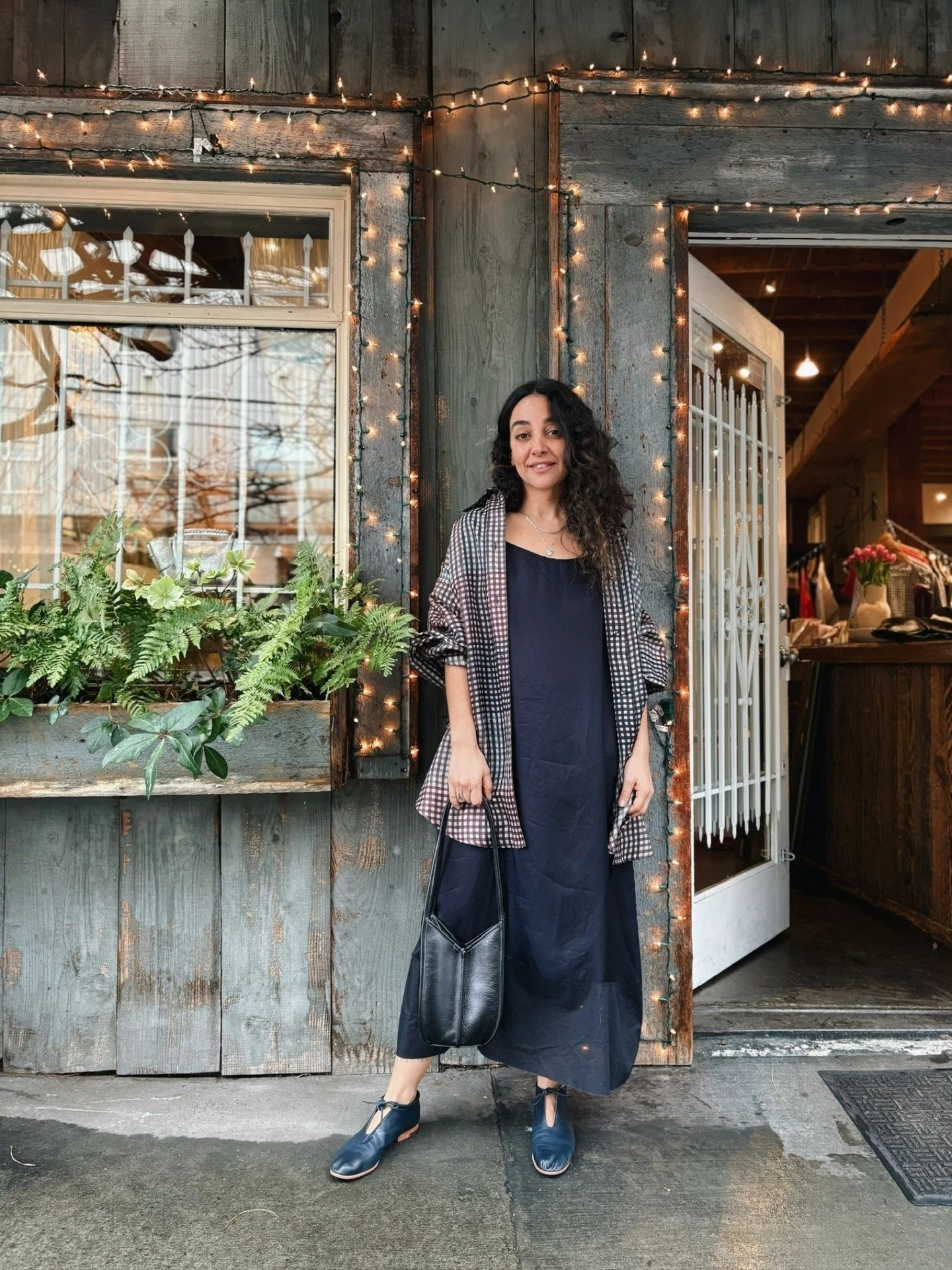 Silk slip from @pasdecalaisofficial layered with the Ivins Shirt in Juniper Silk Check from @rachelcomey 🖤 + a new arrival from @hereu_, the Calella Bucket in Leather!