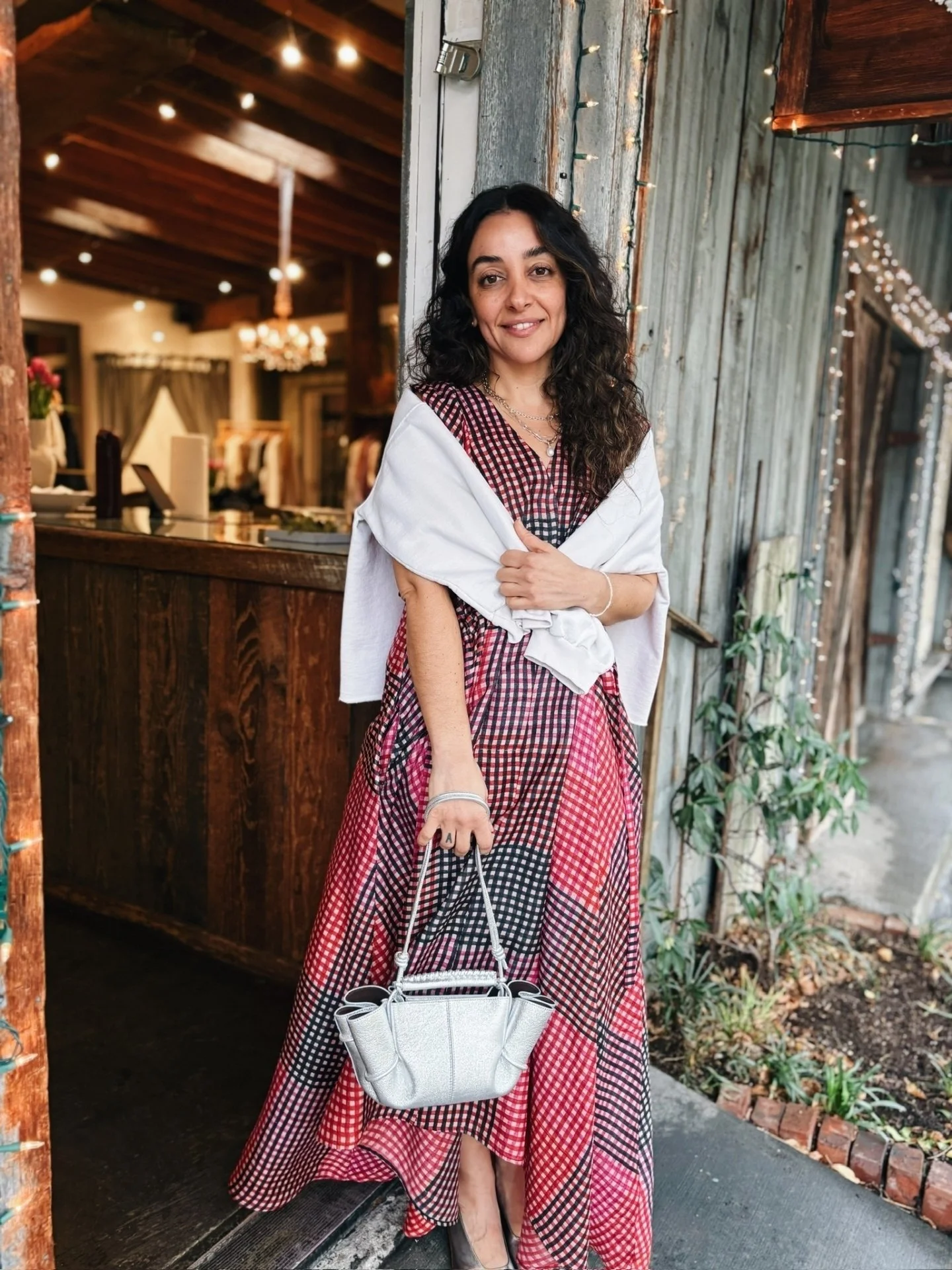 The Clement Dress in Pink Silk Check from @rachelcomey and Arta Mini Metallic Bag newly arrived from @hereu_!
