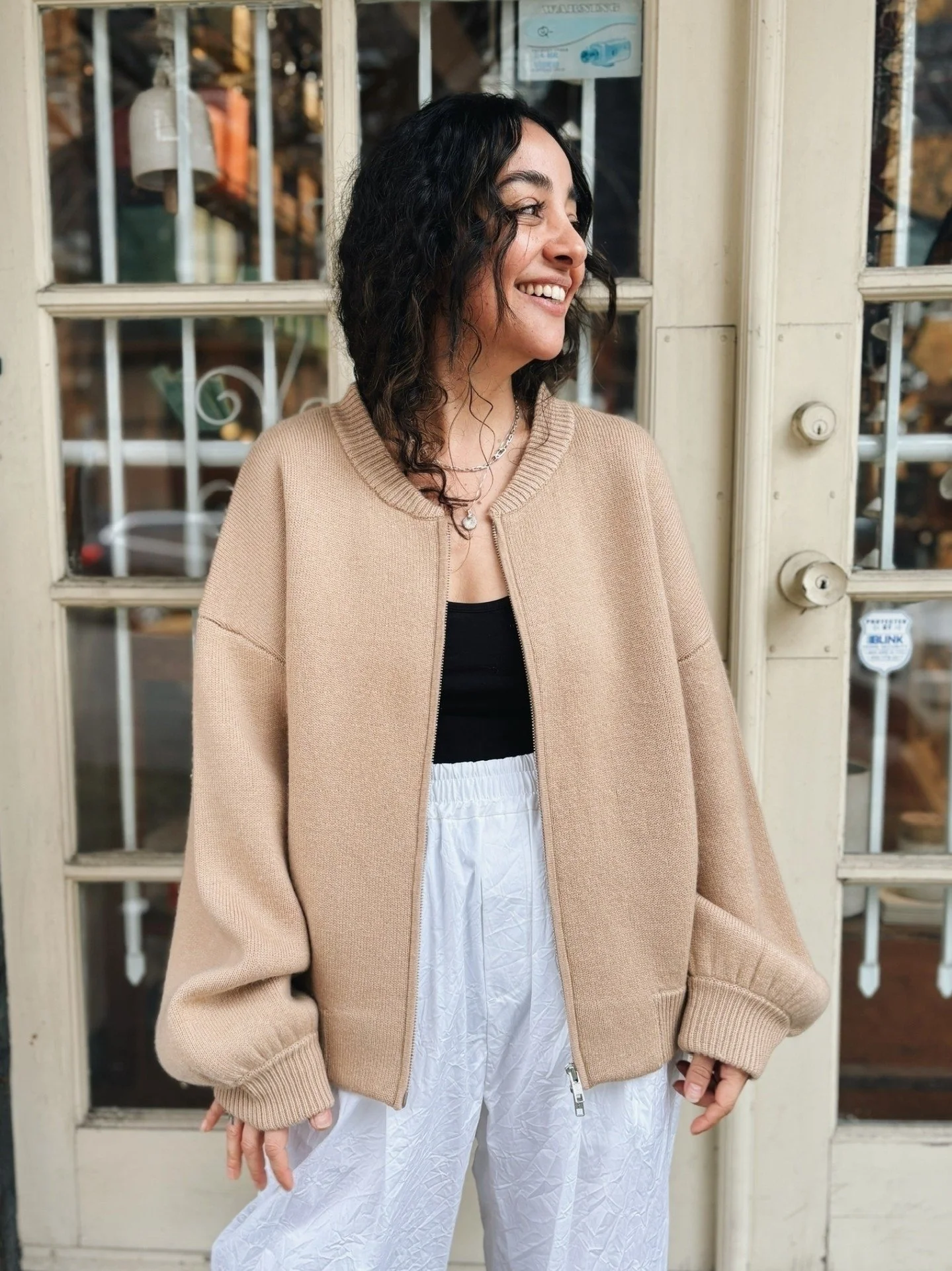 Camel Bomber Cardigan from @softgoatcashmere &amp; Crinkle Cotton Pant from @nicholsonandnicholson 🤍