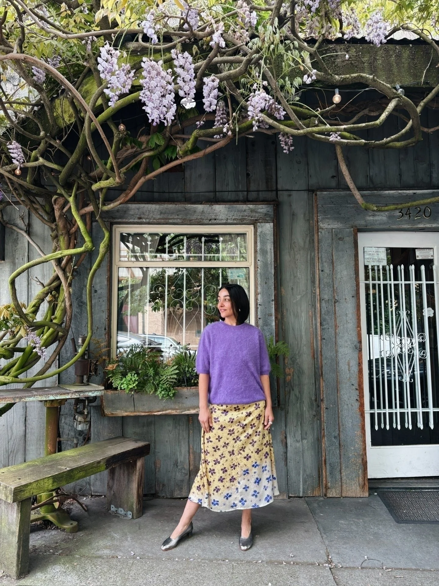 The Rochelle Dress in Dip Dye by @no6store and Brushed Short Sleeve Cashmere Sweater in Fresh Purple 💜