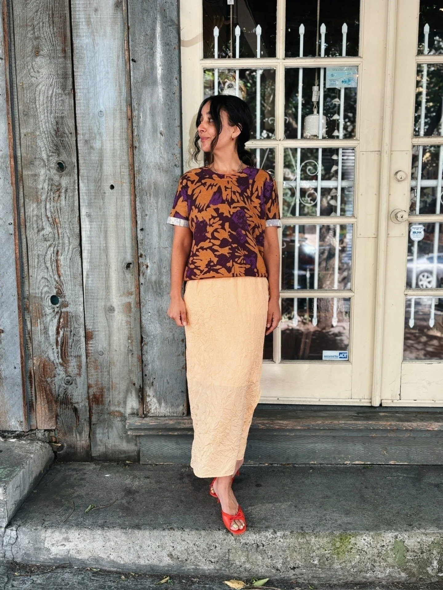 All new @rachelcomey 🧡 The Vela Skirt in Peach Crushed Silk &amp; Inez Top in Printed Terry