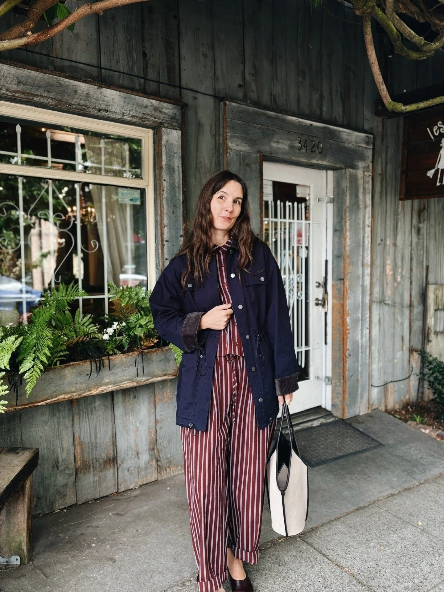 These Pre-Fall colors from @apieceapart are just 🤗 The Barn Chore Jacket in Navy and Cropped Isolde Button Down &amp; Everyday Pull-On Pant in Spice Multi-Stripe
