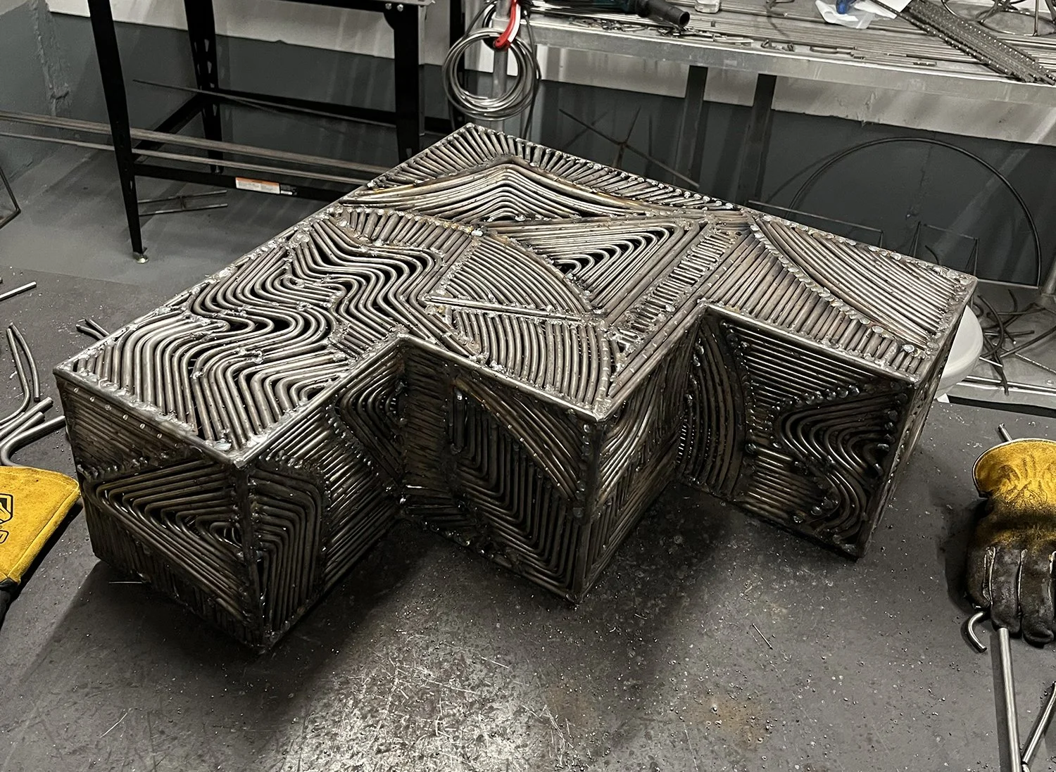 work in progress view of the large steel sculpture in the studio