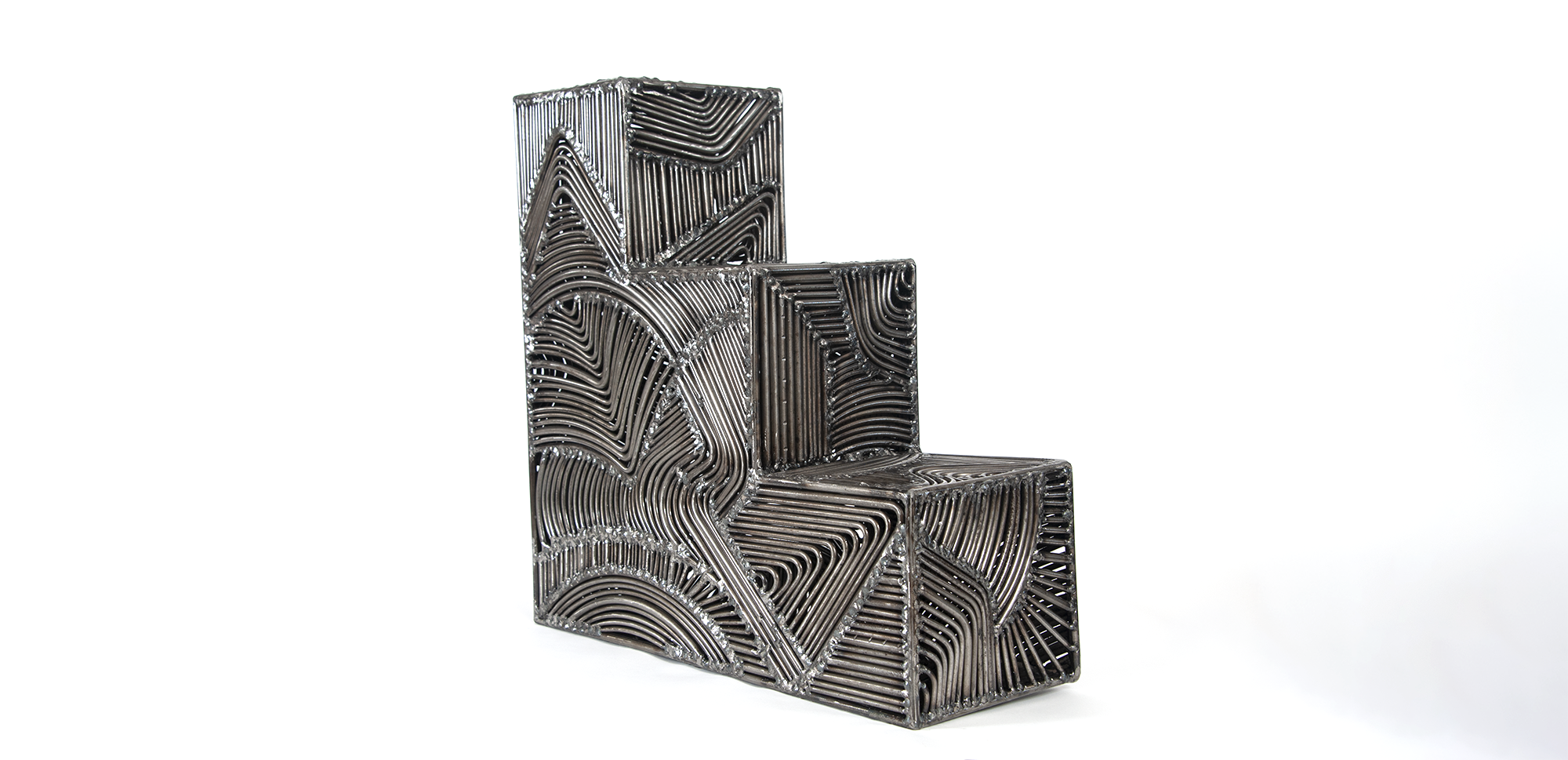 Large scale indoor metal sculpture. Intricate, abstract fine art object.