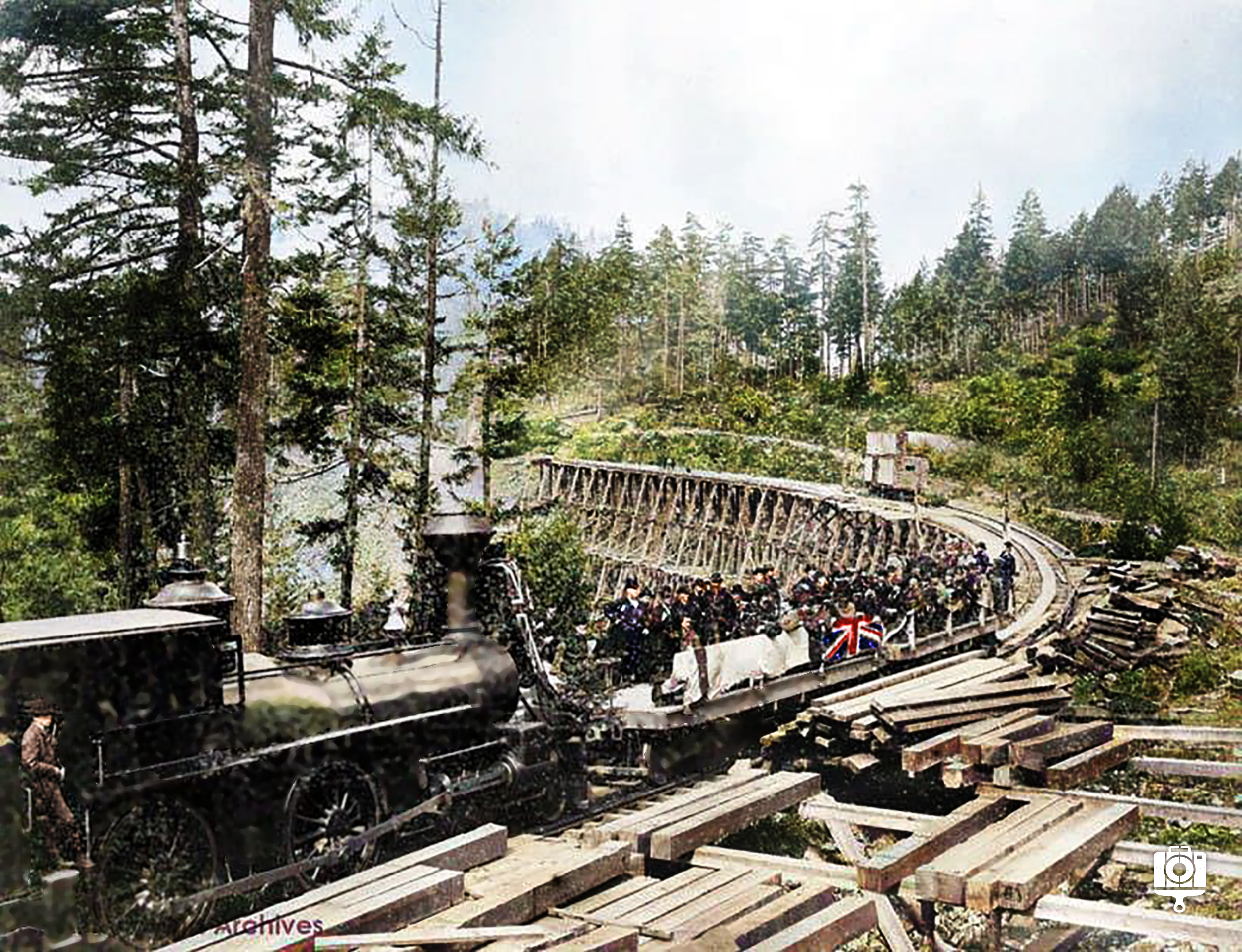 First excursion on the Esquimalt & Nanaimo Railway (E&N) train carrying dignitaries, 1886