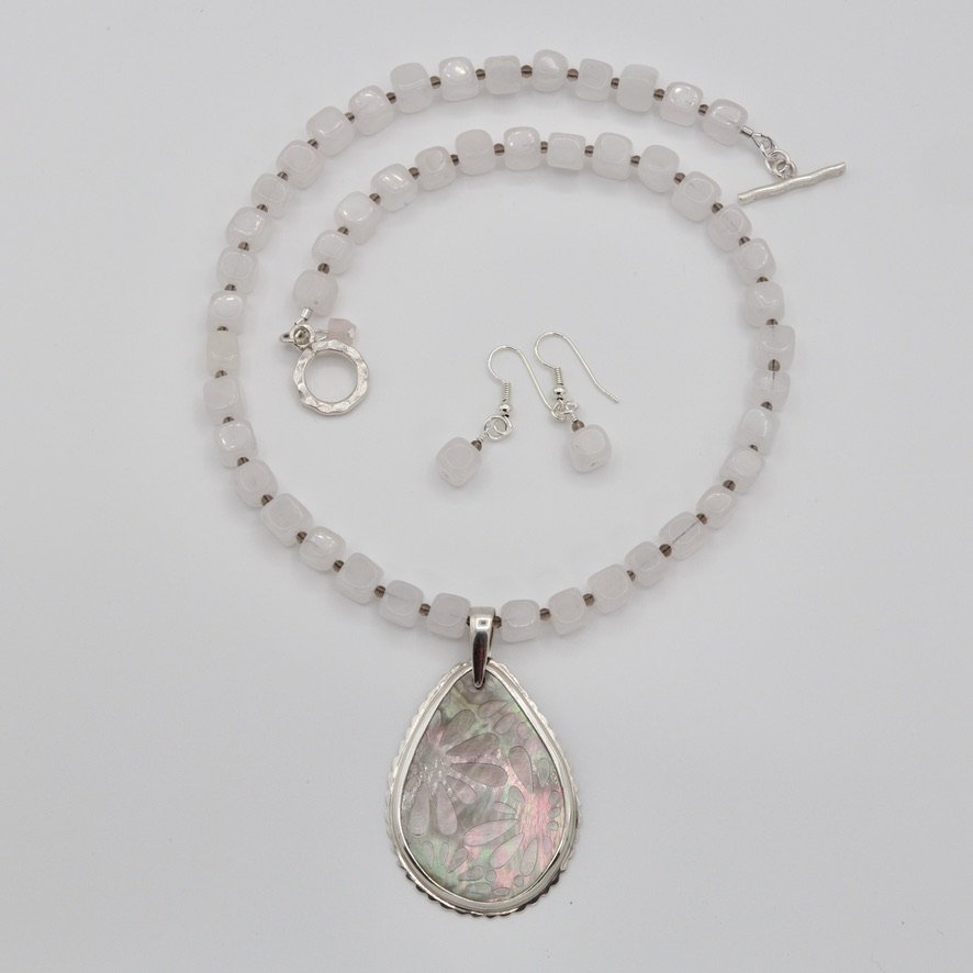 Mother-of-Pearl/Sterling Silver Pendant on Rose and Smoky Quartz Necklace with Matching Earrings - #1372