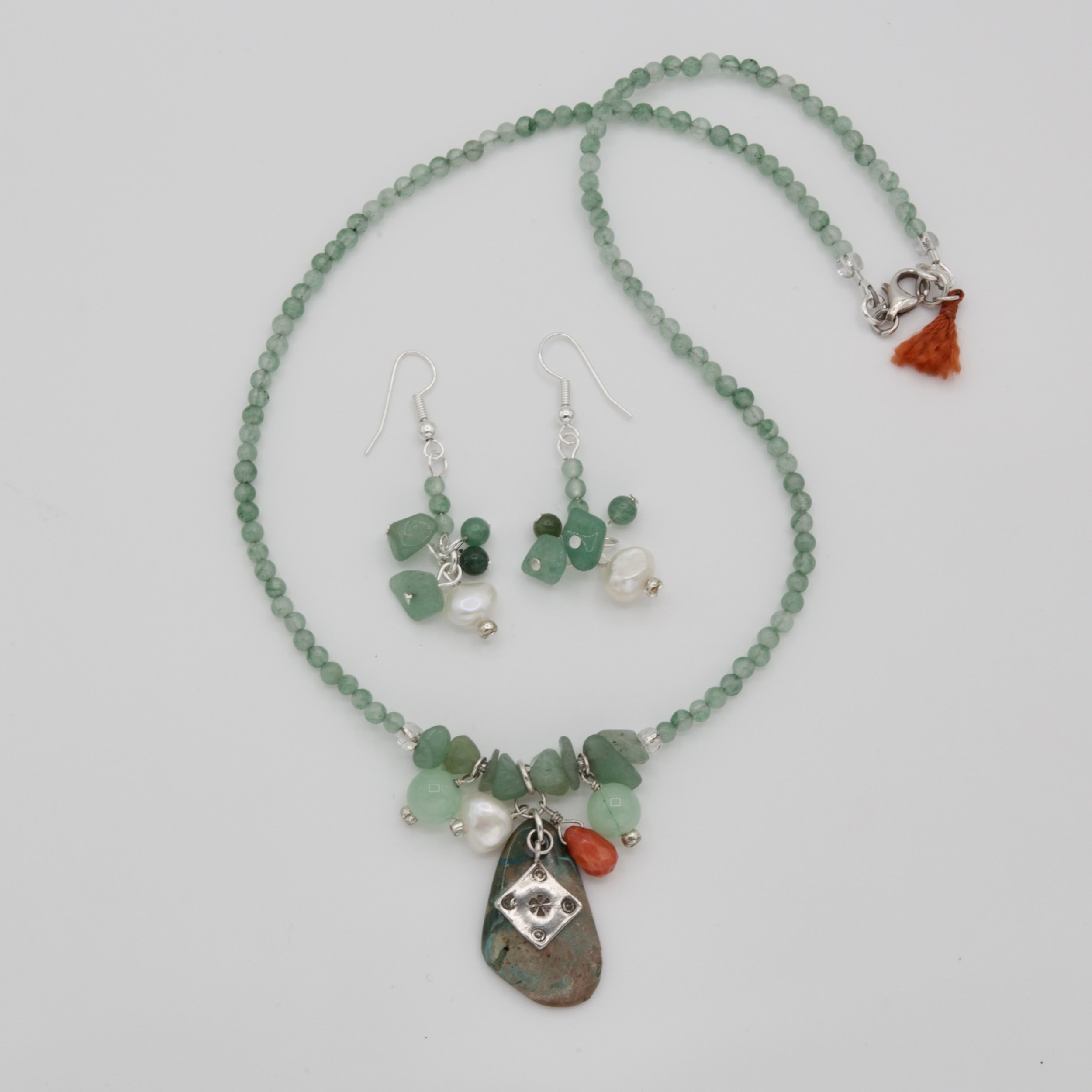 Chrysocolla and Charms Pendant on Green Aventurine Necklace with Matching Earrings - # 8282