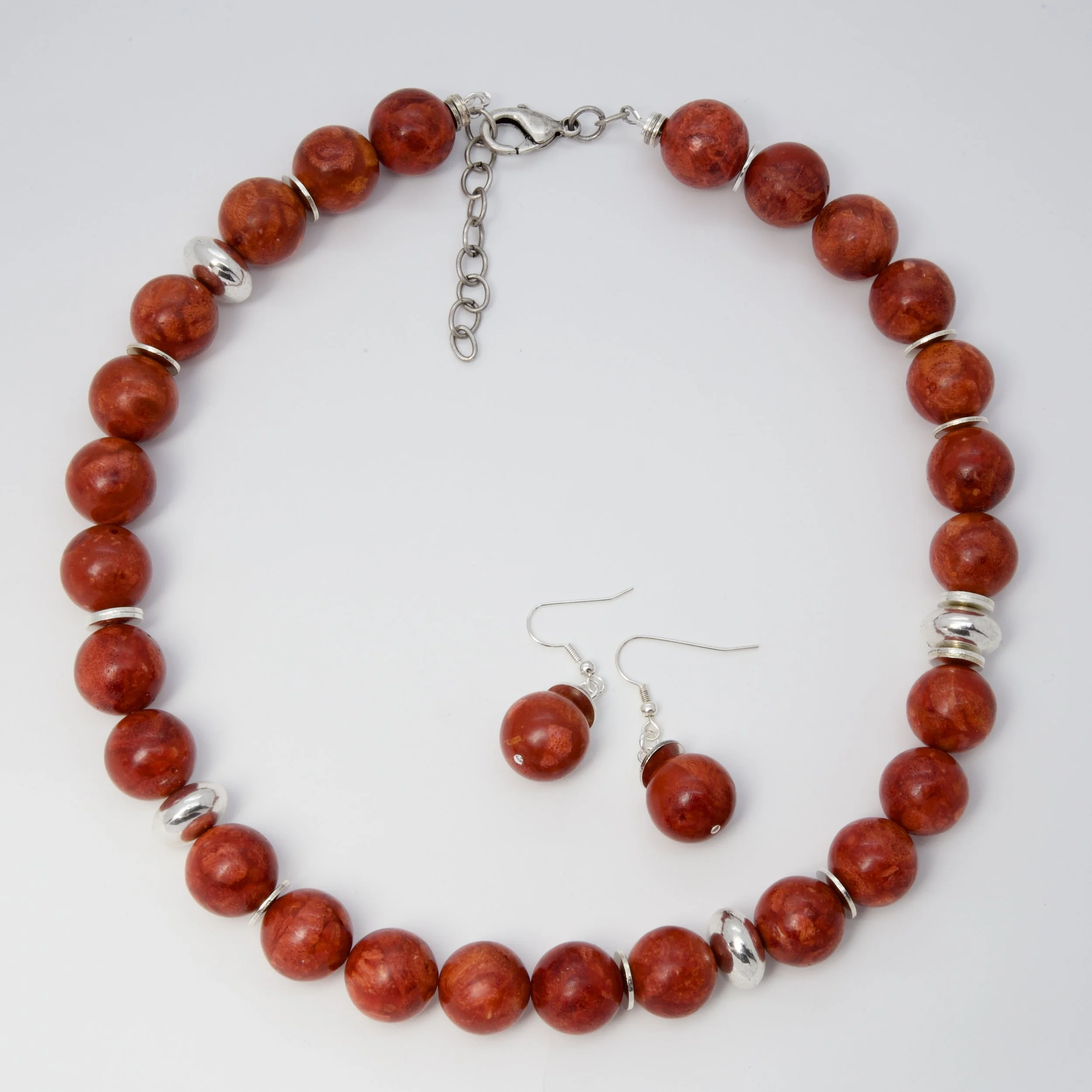 Coral and Silver Plated Necklace & Earrings Set - #8684