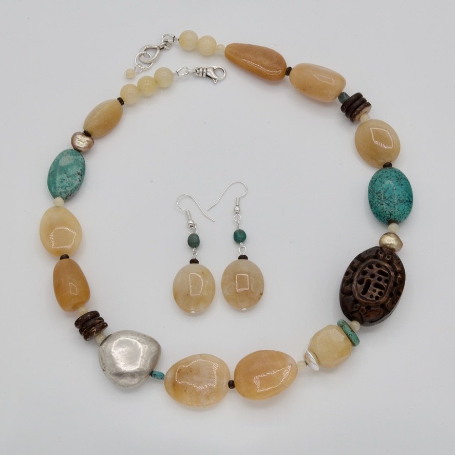 Honey Jade & Turquoise Necklace and Earrings Set - #8647