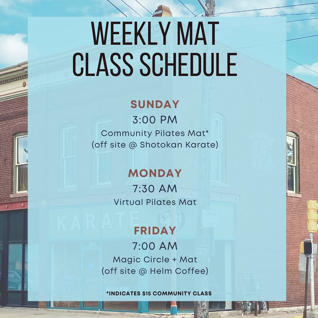 Weekly mat is here to stay! We have virtual and off site mat class options with exciting updates!

What&rsquo;s changing?
Our Pilates Mat class at Helm Coffee is changing to a Magic Circle + Pilates Mat class.

Our Virtual Mat is changing from 5:30 P