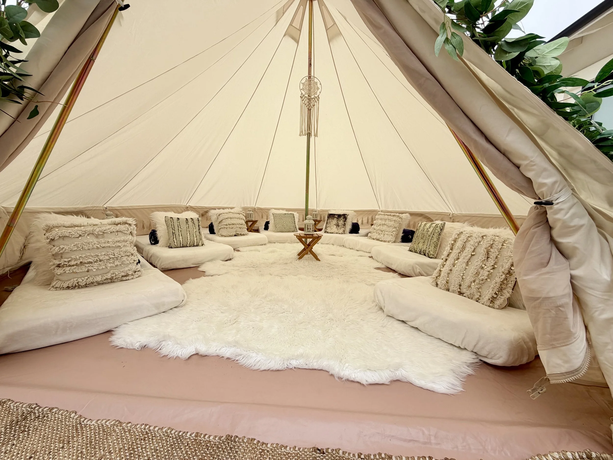 Glamping tent styled in boho theme