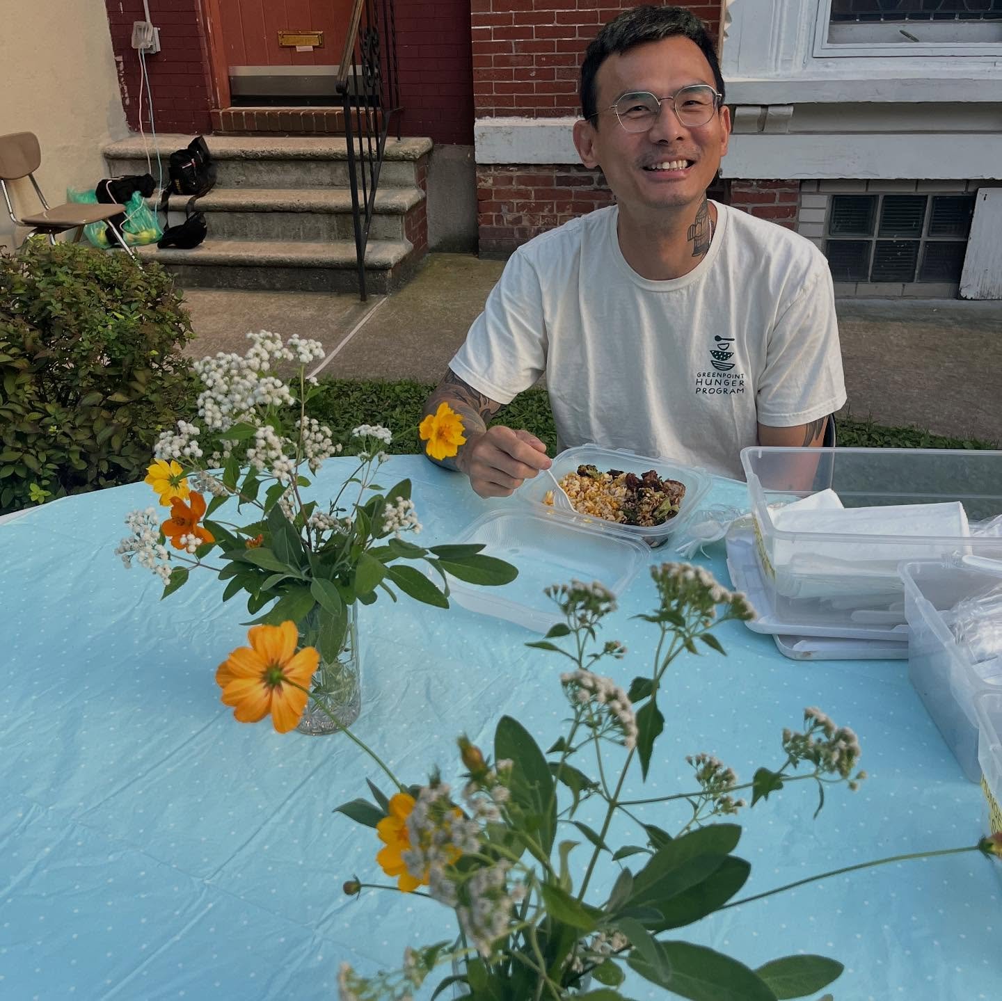 Our first community dinner was a success! Thanks all who chipped in and all who joined us to eat; special gratitude for Eva&rsquo;s floral arrangements from our garden and for all who stayed to help unload our surprise delivery at the end of the nigh