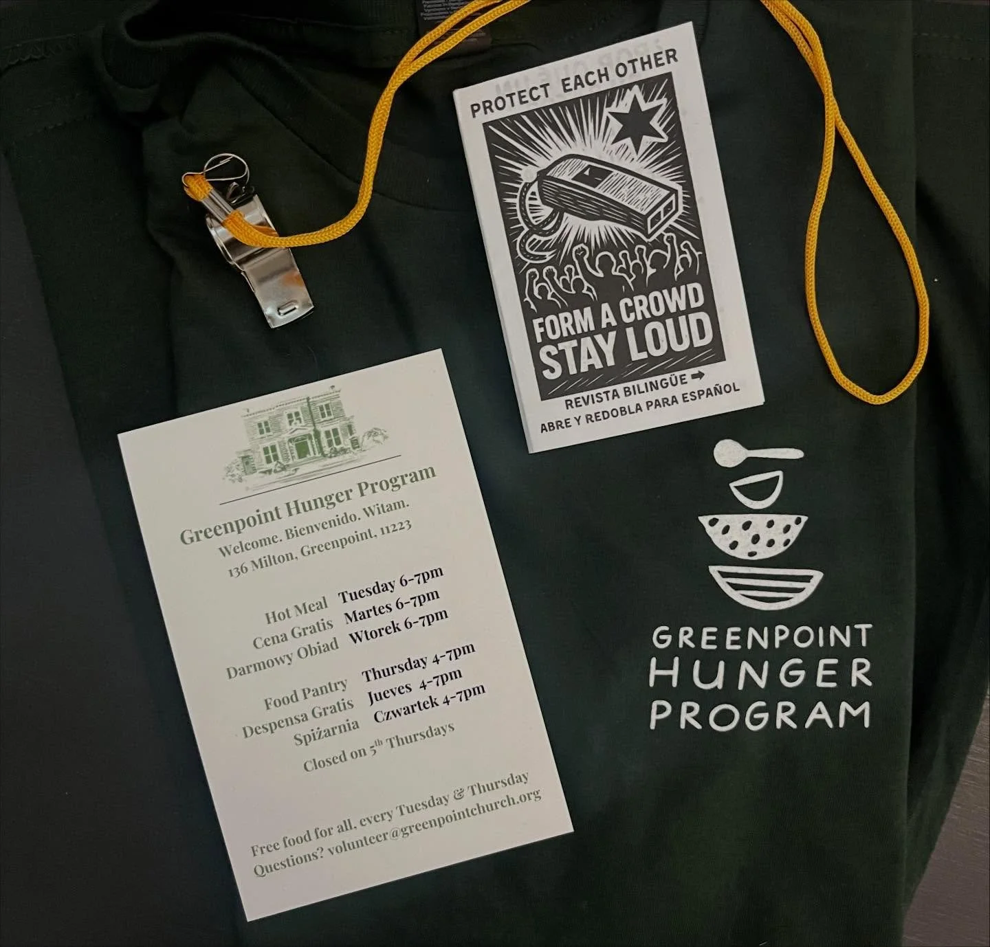 New year, new merch! And by merch we mean: the new green t-shirts are $10-25 sliding scale, literally everything else in the photo is free. Come pick up a whistle kit, info card, or tee any Tuesday or Thursday! We keep each other safe.