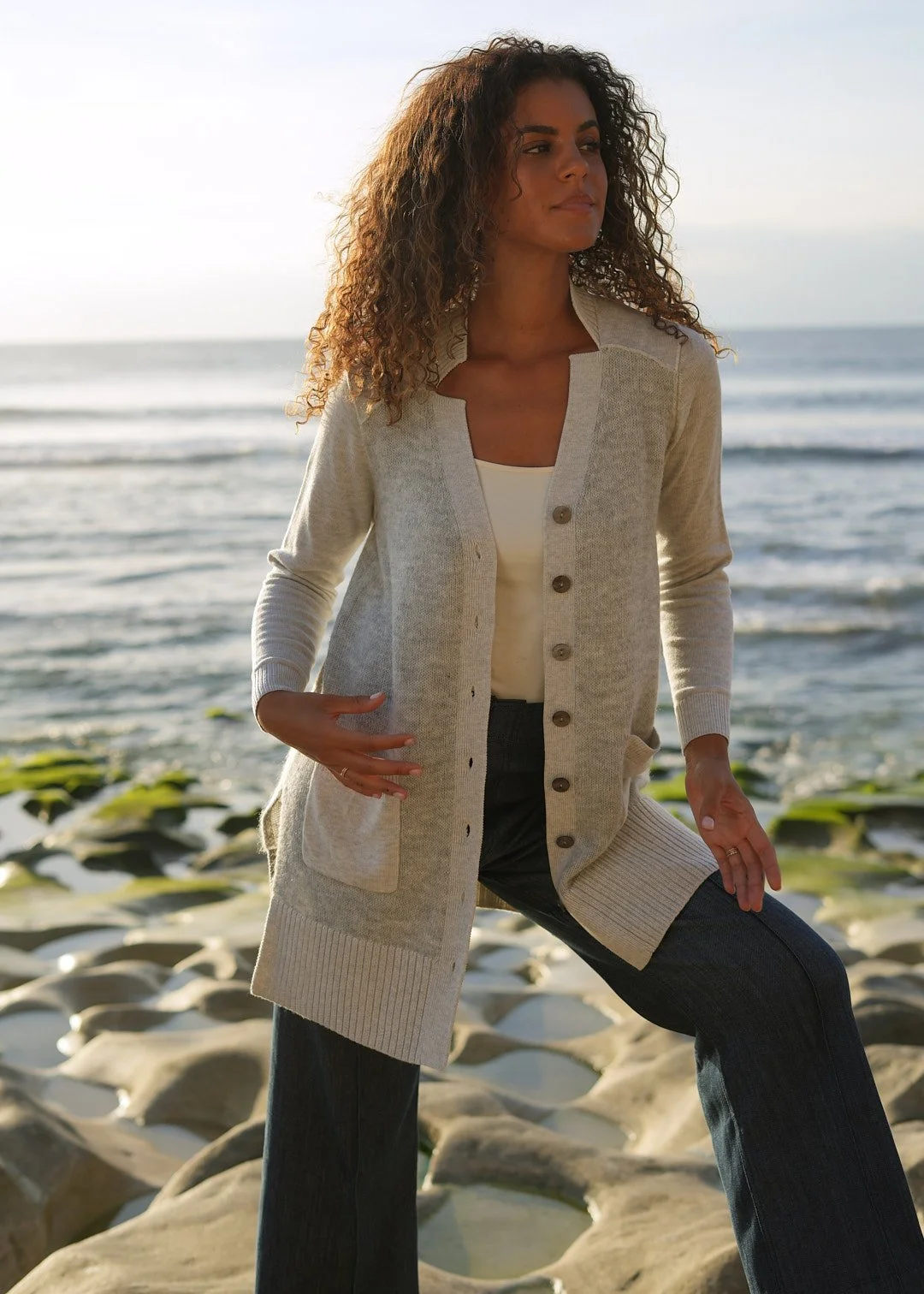 LD and Co Longline Detail Cardi Light Marl