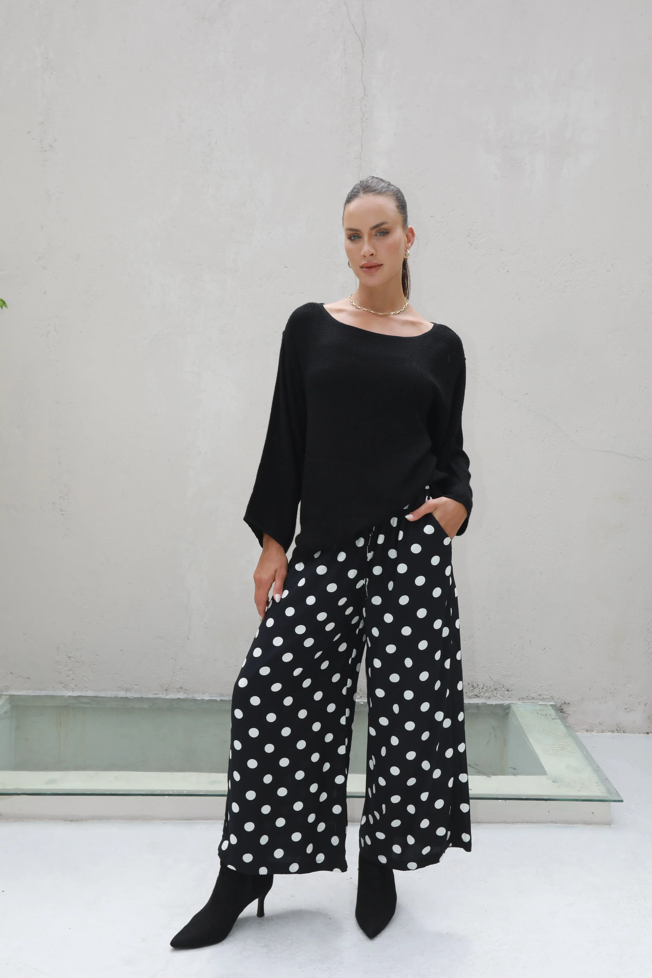 Carbon-C4053 Milo Spot Wide Leg Pant - Black_White-CottonWool