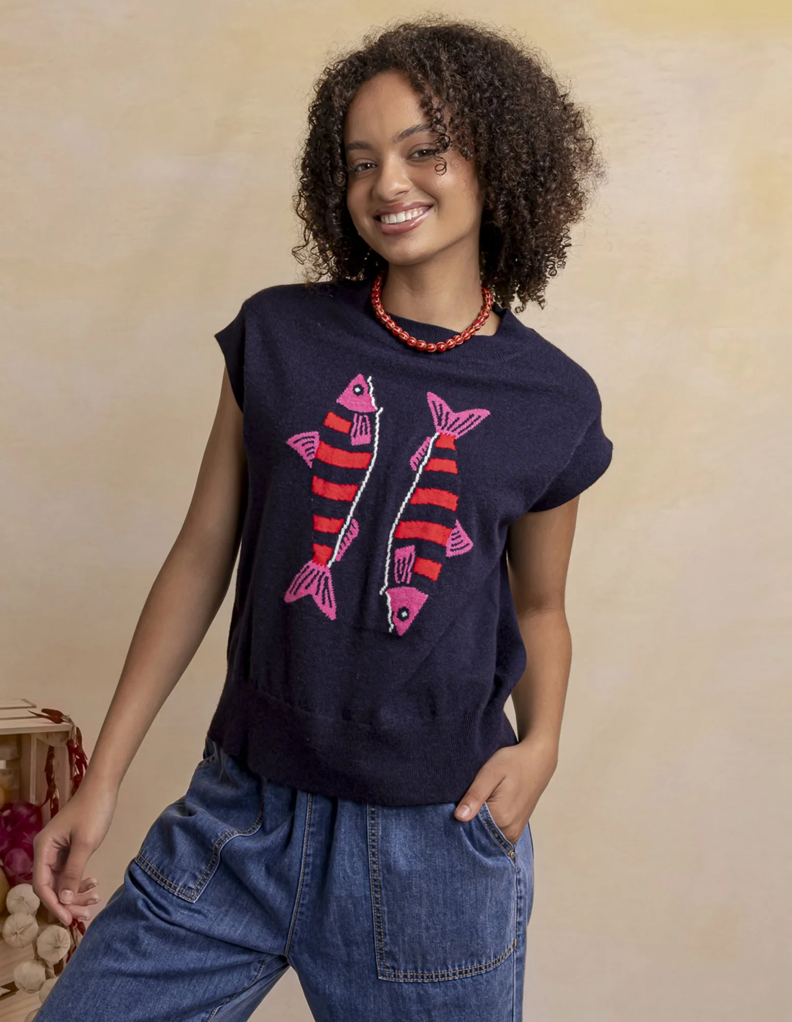 Elm Fishy Intarsia Knit Top Navy