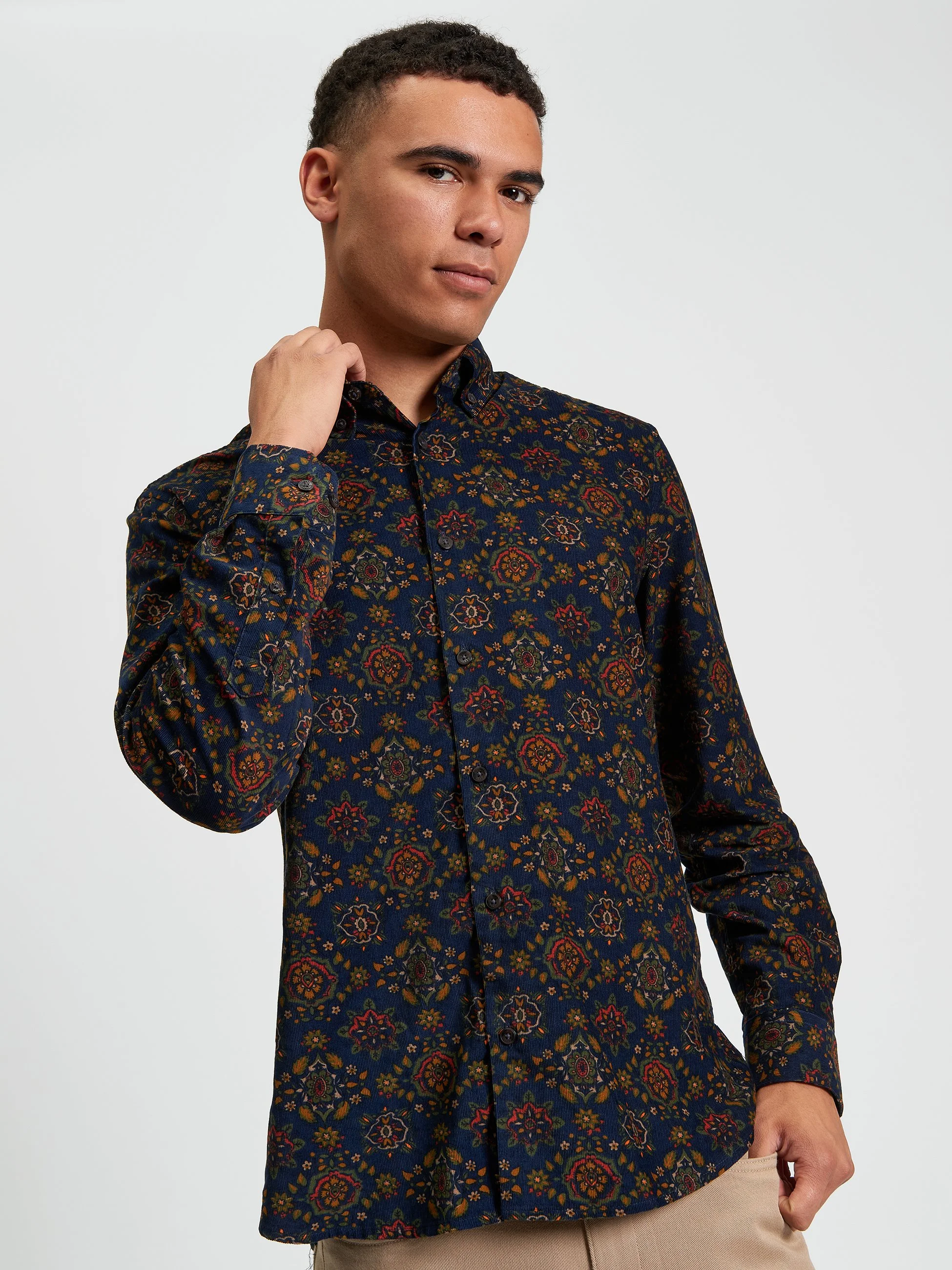 Ben Sherman Foulard Print Corduroy Shirt Navy